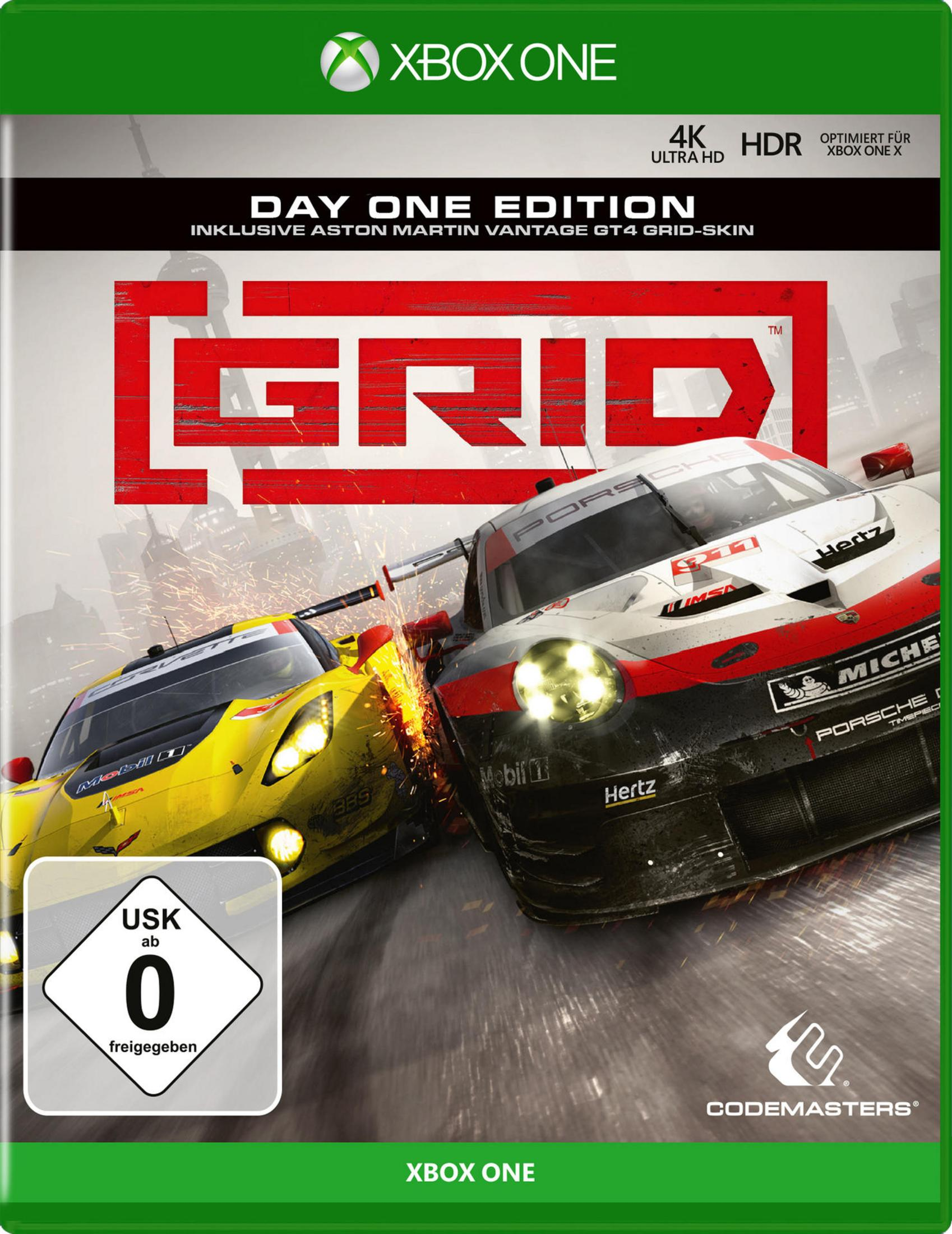 Okładka gry z samochodami wyścigowymi w akcji z logo Grid.