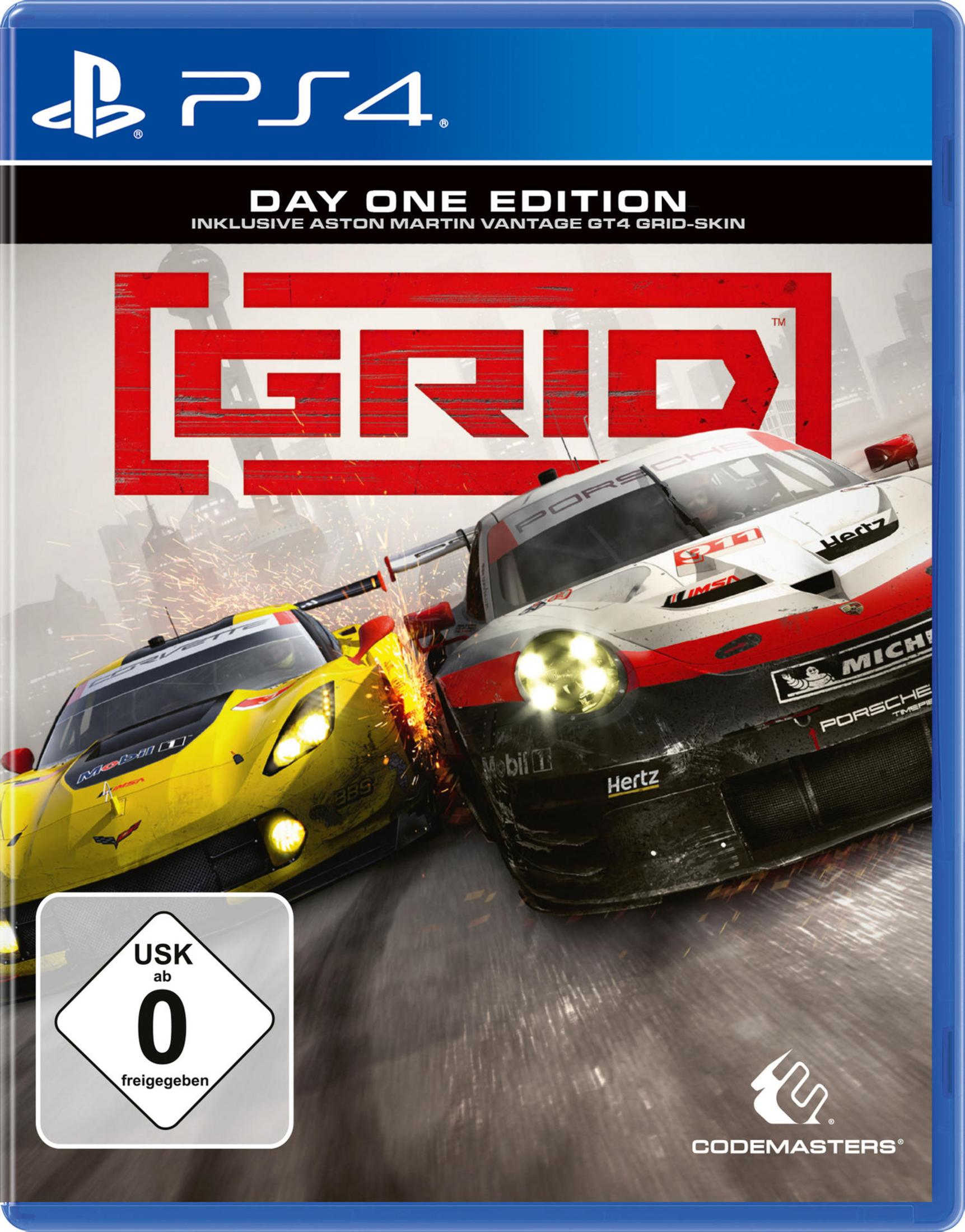 Okładka gry wideo GRID Day One Edition, dwa samochody wyścigowe zderzyły się. Tłem jest tor z logo Porsche.