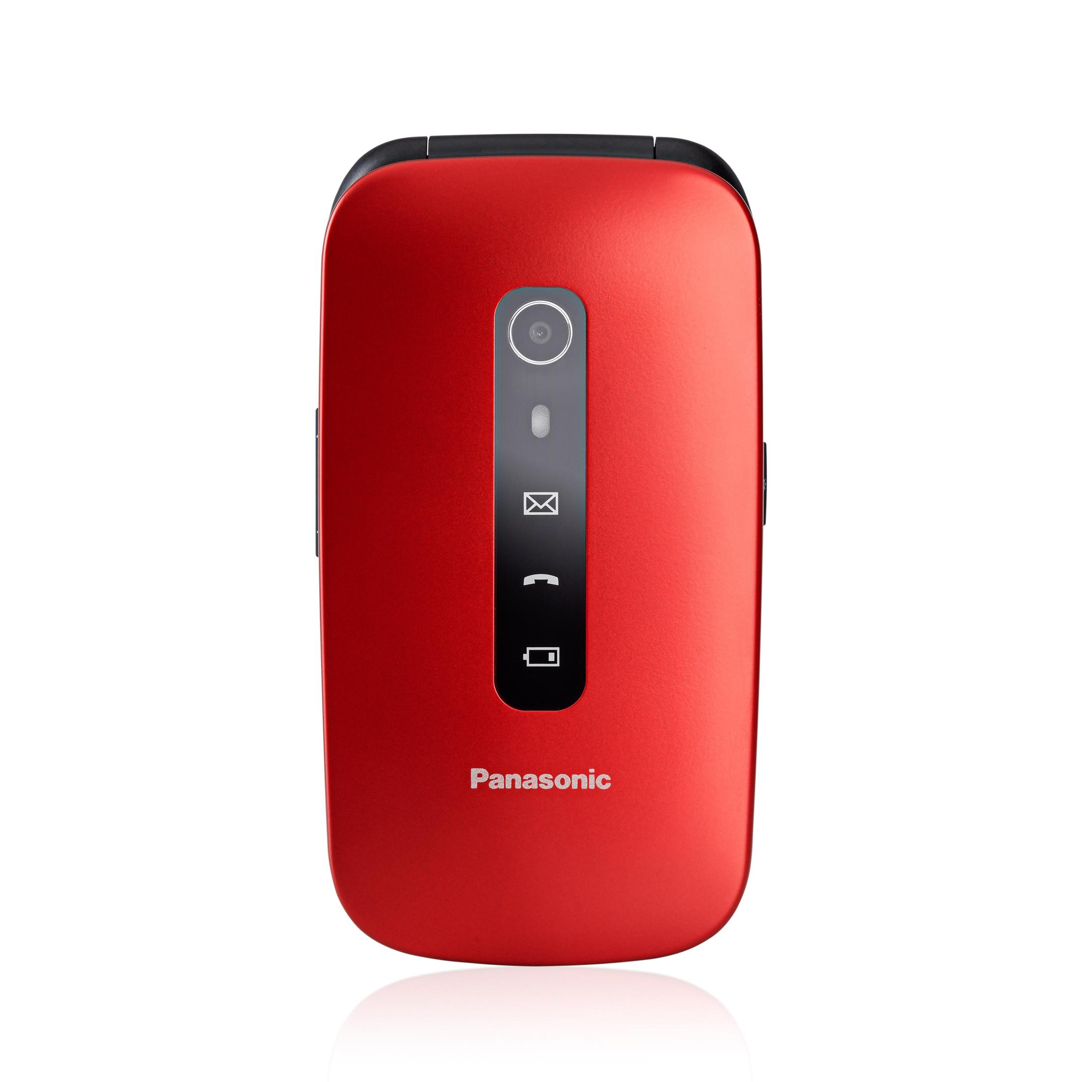 Rode klaptelefoon. Gesloten. Panasonic-logo. Camera en display zijn zichtbaar.