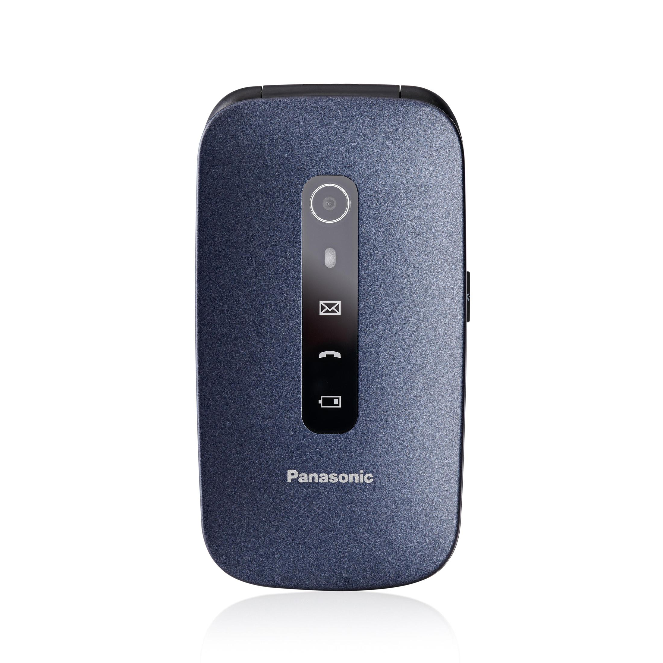 A closed, navy blue Panasonic clamshell phone on a white background. It has a camera and buttons.