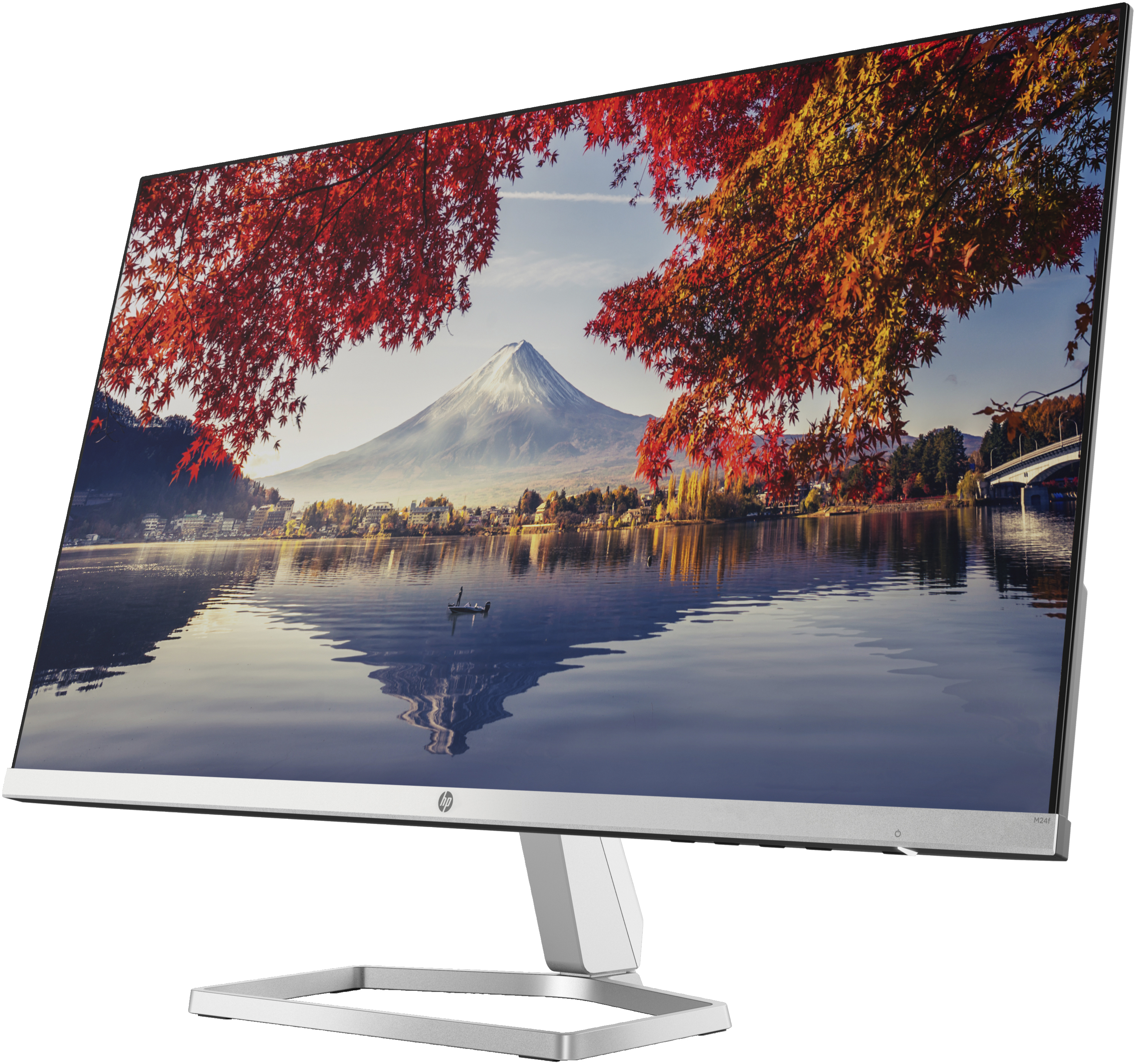 Monitor HP curvo che mostra una vista panoramica del lago con una montagna e il fogliame autunnale.