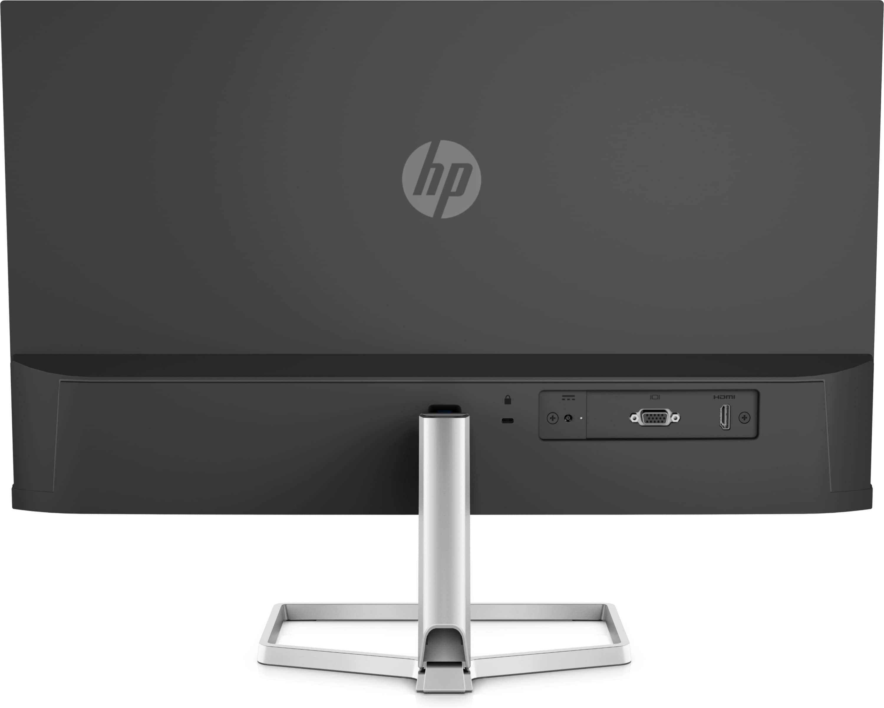 Retro di un monitor HP. Mostra il supporto, le porte e il logo HP su sfondo grigio e bianco.