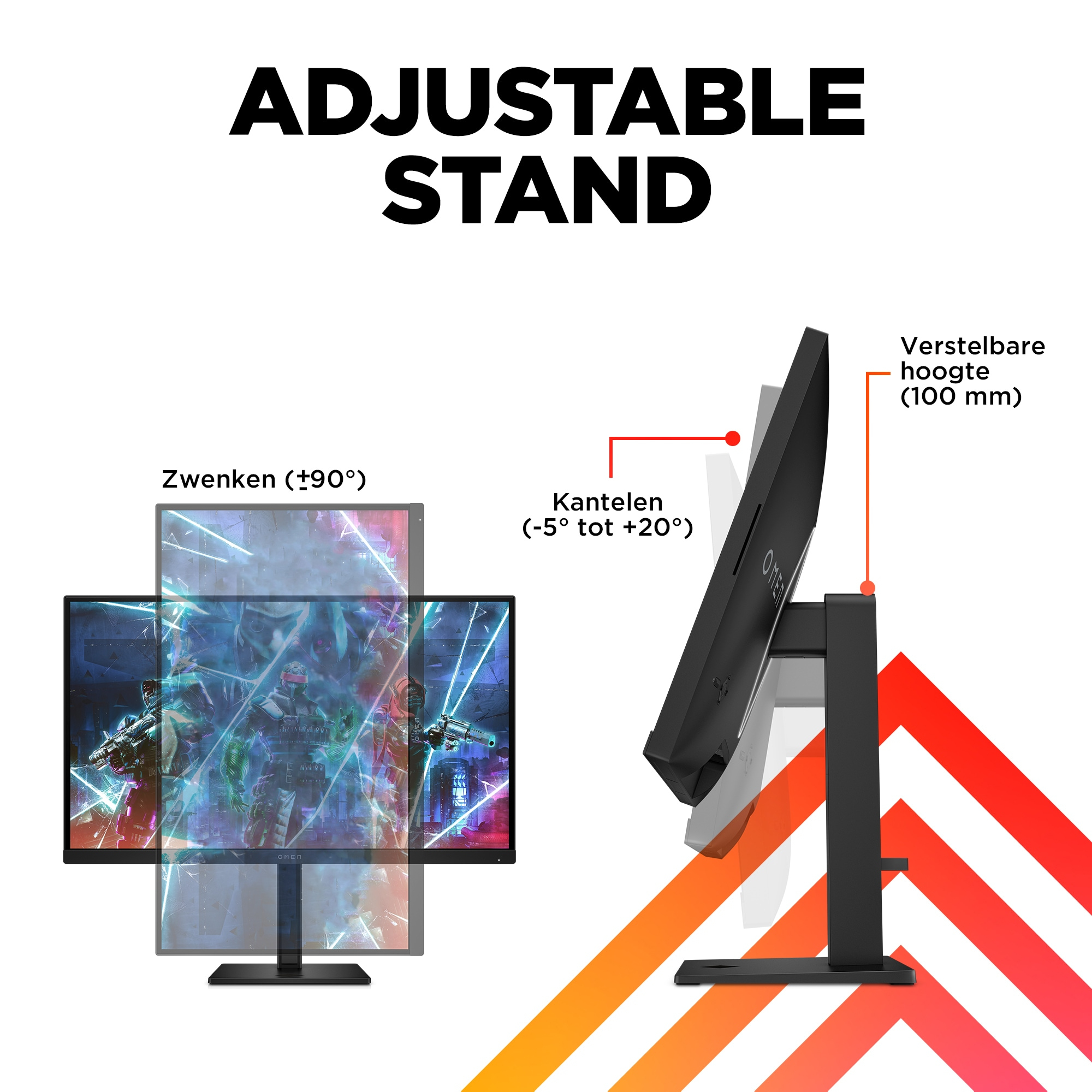 Monitor con soporte ajustable. Muestra opciones de rotación de pantalla. Texto: Soporte Ajustable.