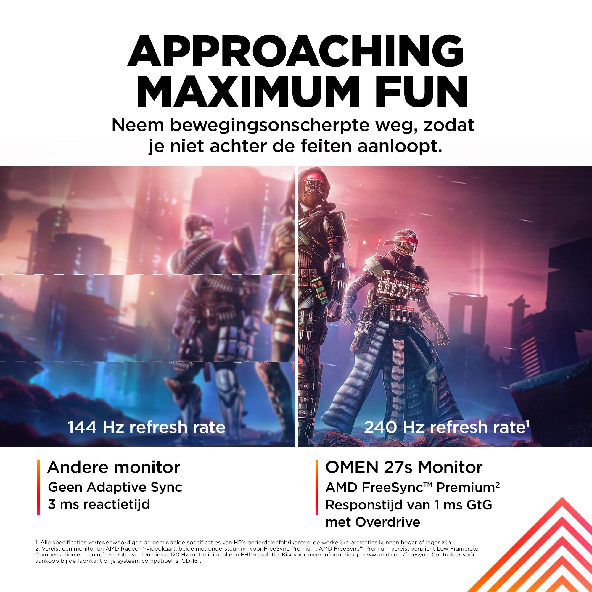 Afbeelding vergelijkt twee monitoren, één van 144 Hz en de andere van 240 Hz vernieuwingsfrequentie. Tekst over Adaptive Sync en FreeSync.