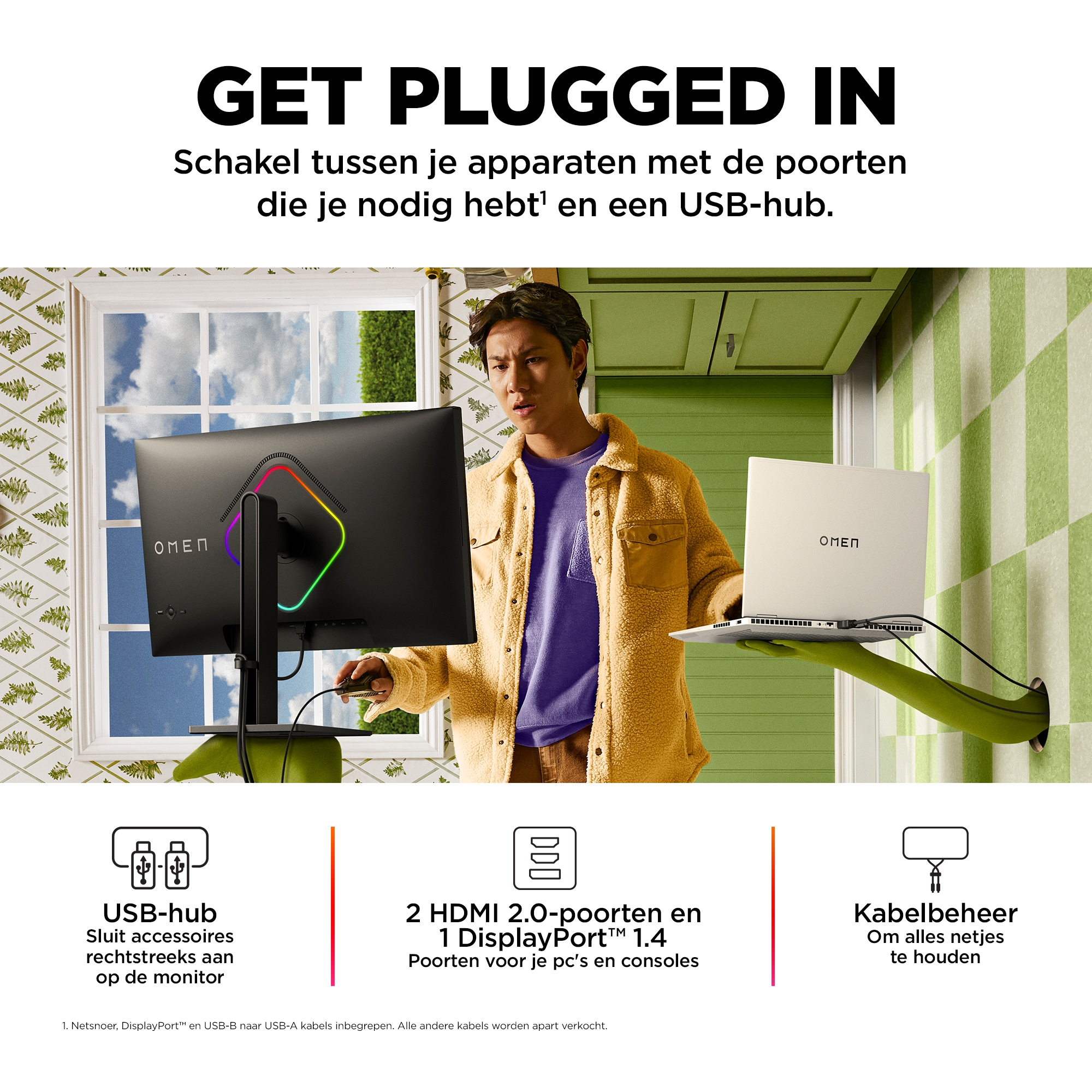 Mann mit Laptop und Monitor. Text 'GET PLUGGED IN'. Grafiken von USB-Hub, Anschlüssen und Kabelmanagement.