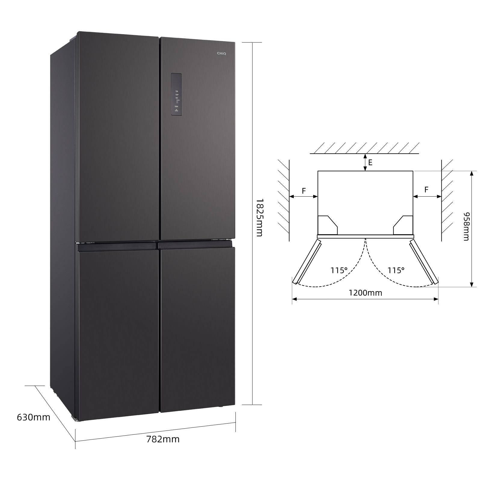 Frigorifero CHiQ nero a quattro porte con diagramma delle dimensioni e angoli.