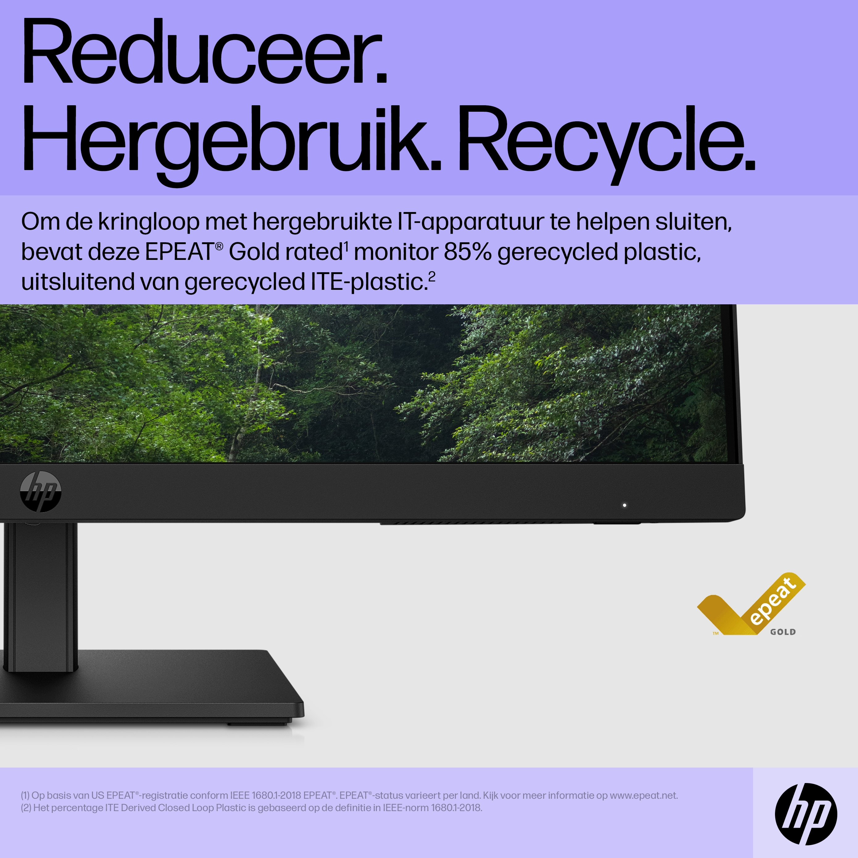 Monitor HP z tekstem o recyklingu. Monitor jest czarny, ze złotą etykietą EPEAT po prawej stronie.