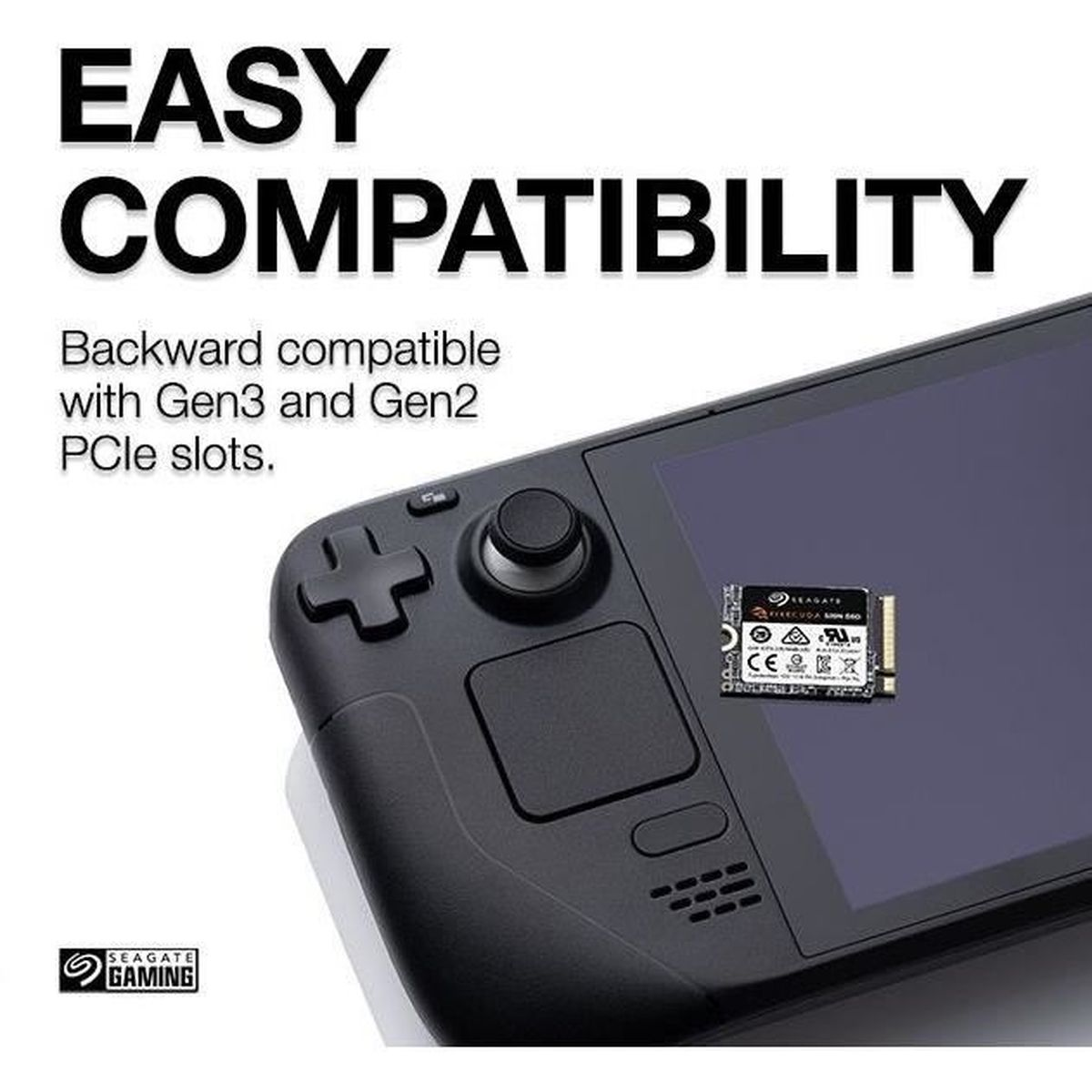 Konsola Steam Deck z dyskiem SSD Seagate. Tekst brzmi: Łatwa kompatybilność, Kompatybilność wsteczna z Gen3 i Gen2 PCle.