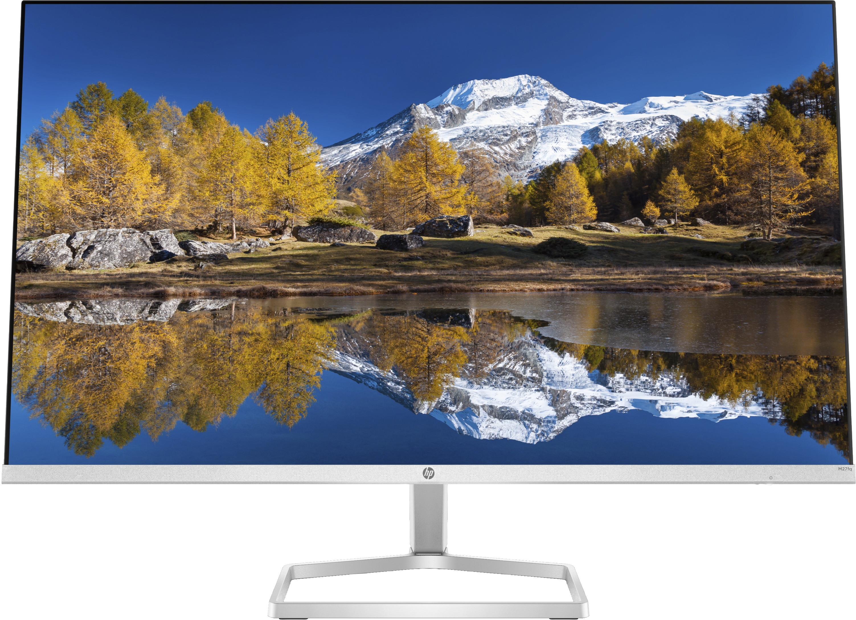 Monitor, der eine Landschaft mit Bergen, See und Bäumen zeigt. Heller Sonnentag.