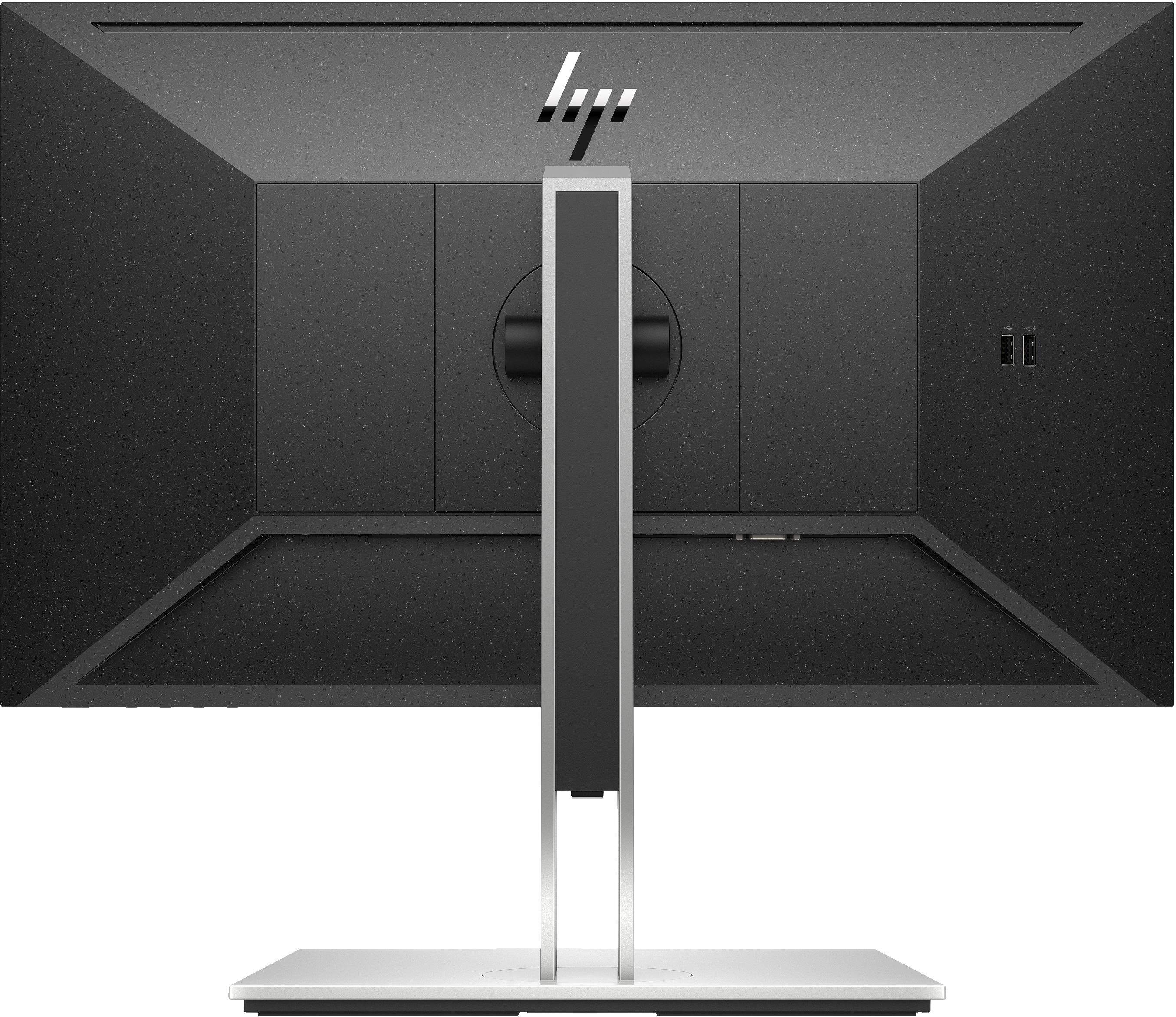 Retro di un monitor HP con supporto argentato, il logo HP e le porte sul retro.