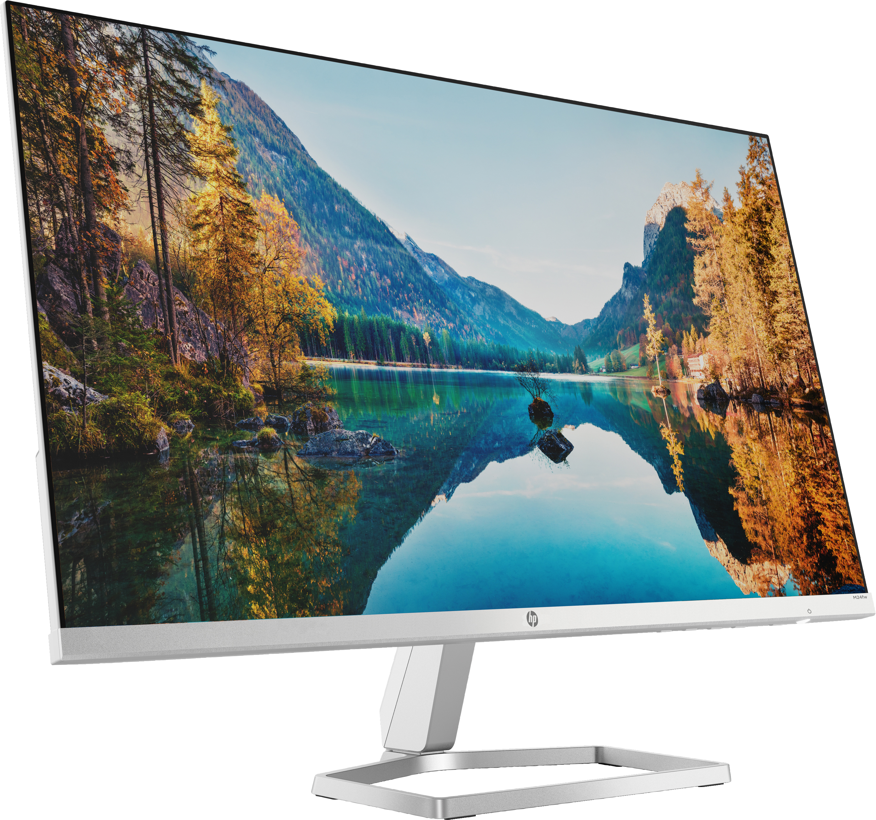 Monitor HP che mostra un paesaggio lacustre panoramico. Il monitor è su un supporto bianco.