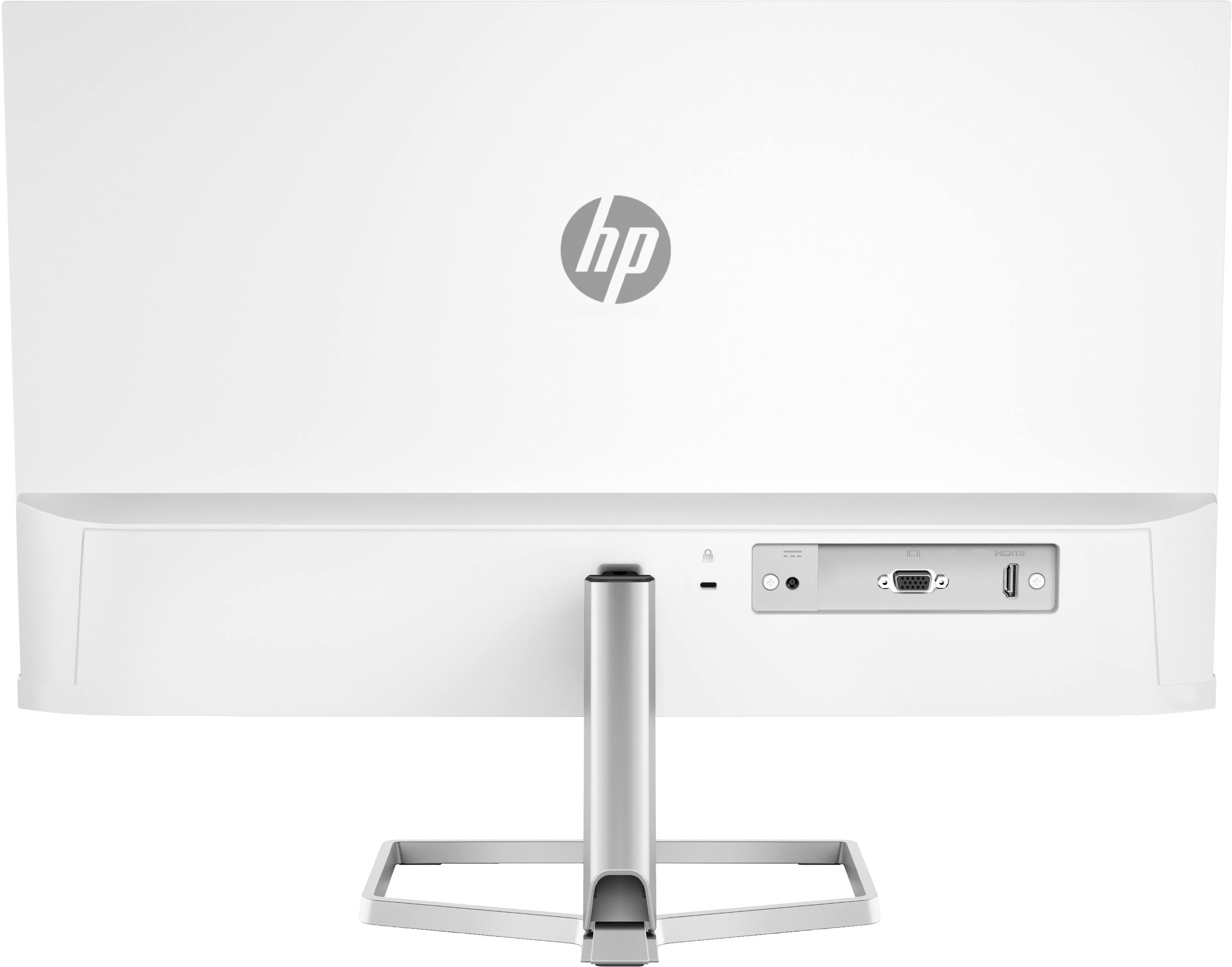 Il retro di un monitor HP bianco con porte e supporto, su sfondo bianco.