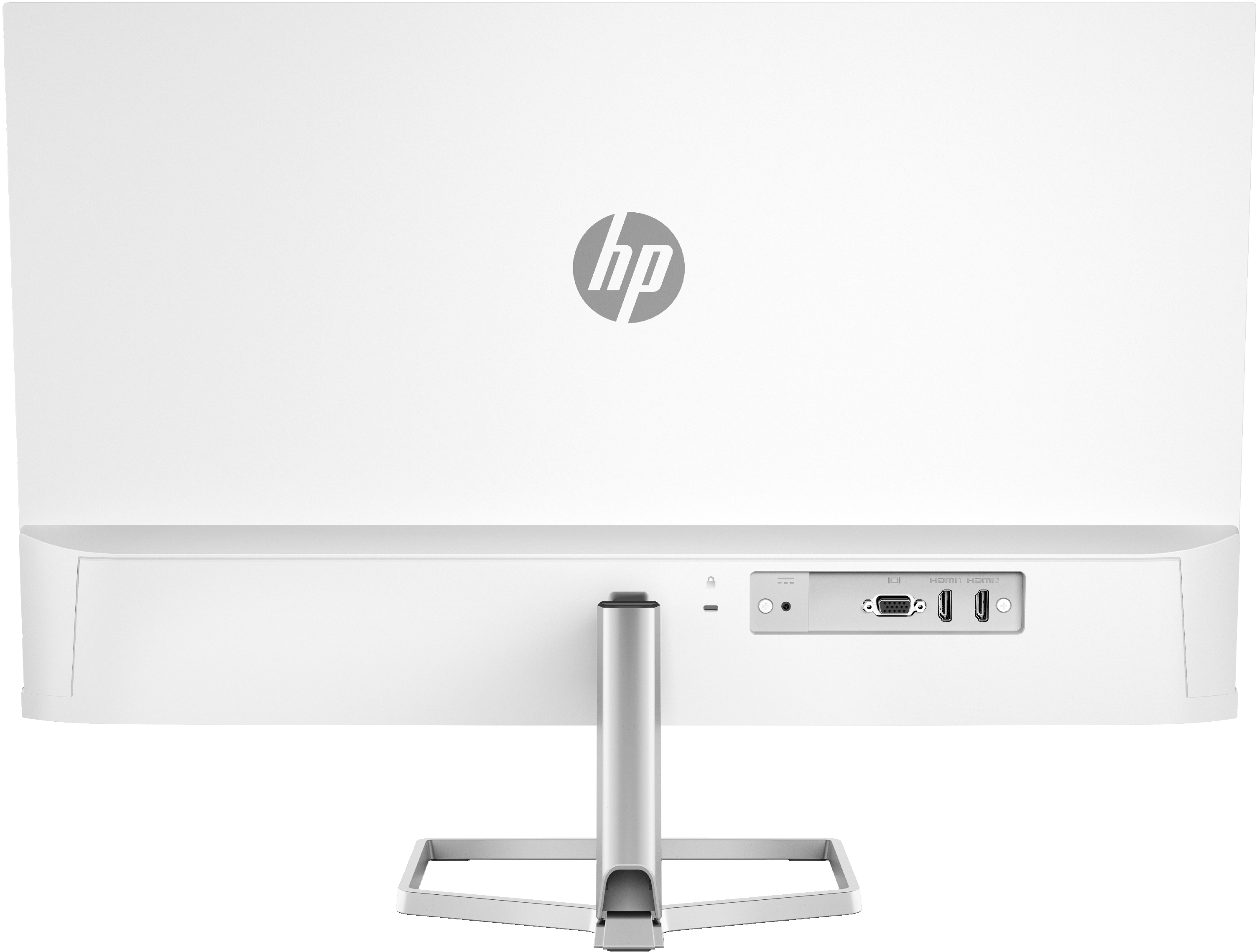 Il retro di un monitor per computer bianco con porte e supporto.