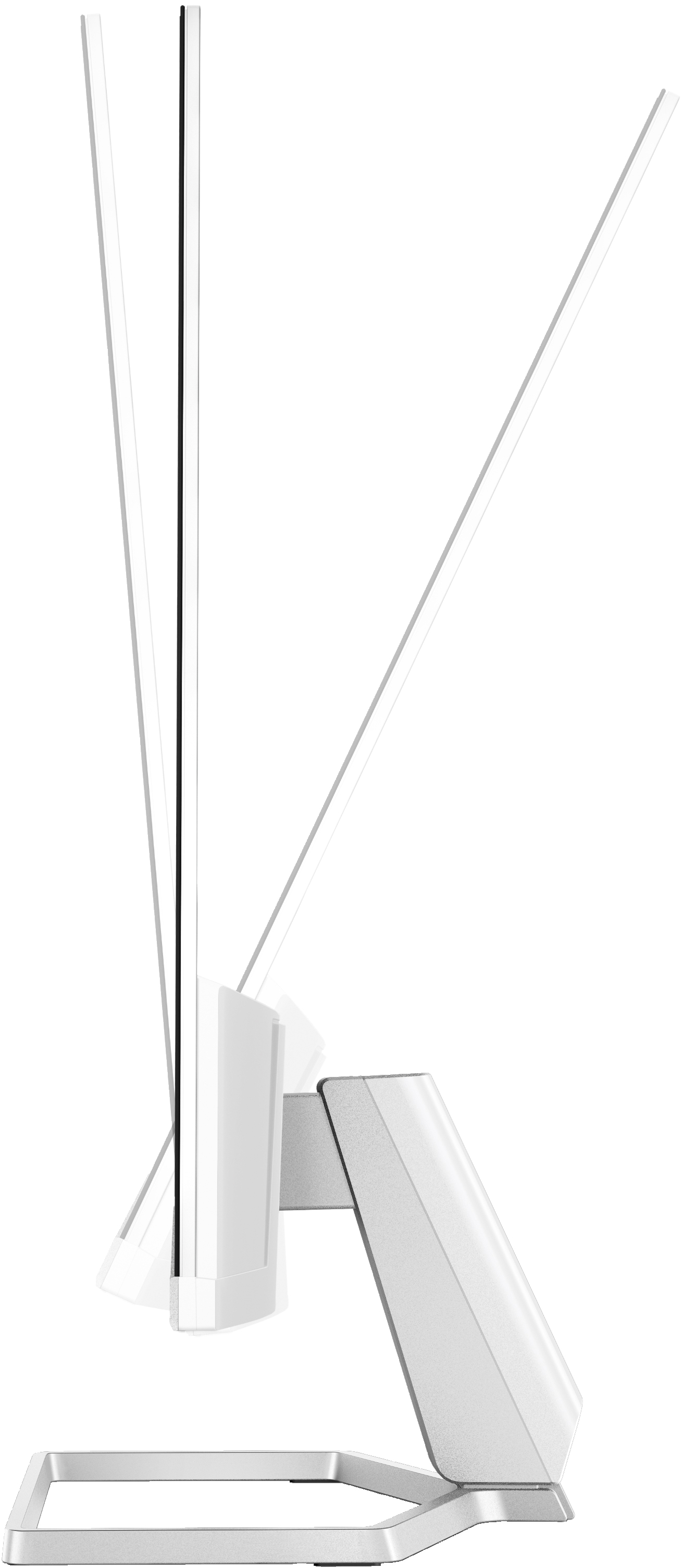 Monitor bianco, vista laterale. Supporto regolabile. Diverse angolazioni dello schermo.