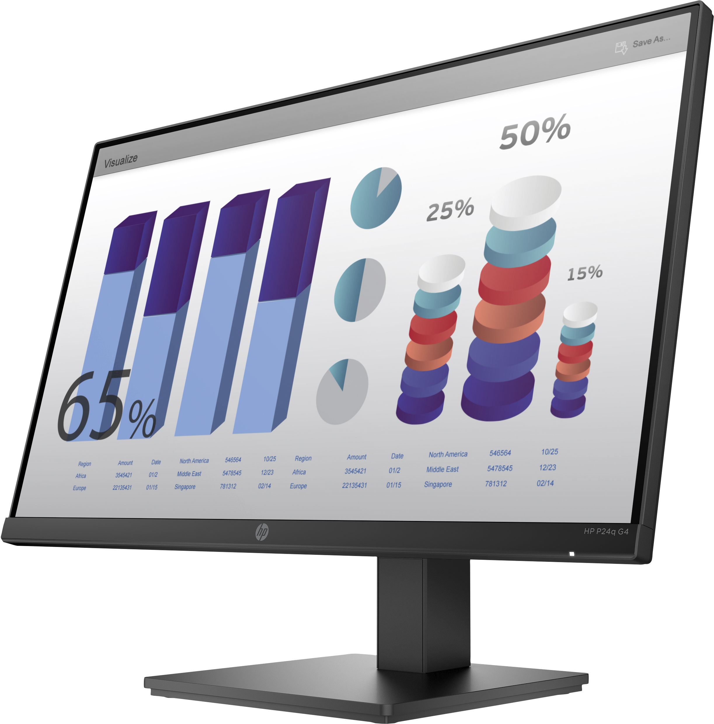 Computermonitor, der Diagramme und Daten anzeigt, mit schwarzem Rahmen und Sockel.