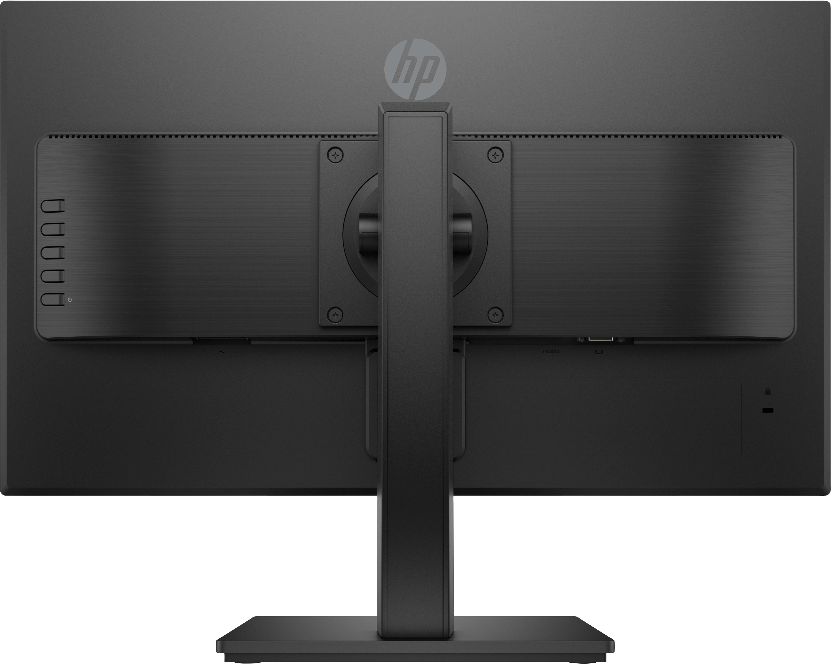 Rückseite eines schwarzen Monitors mit Anschlüssen und Ständer.