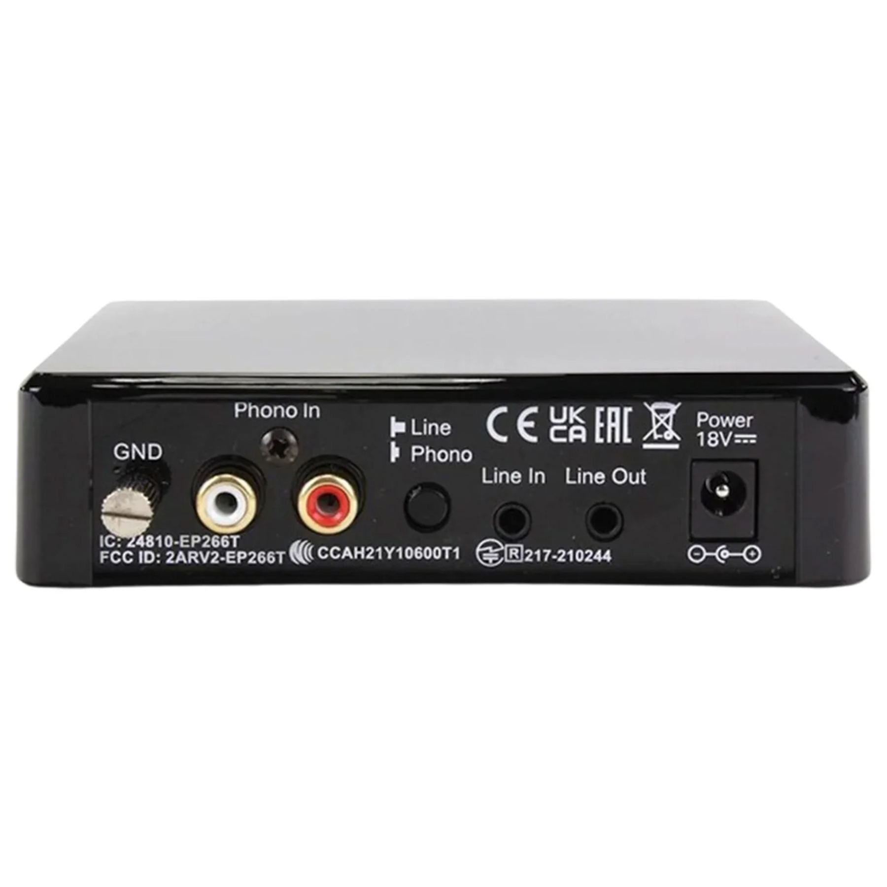 Zwarte audiotoestel achterkant met in- en uitgangen. Tekstlabels en connectoren zijn zichtbaar.