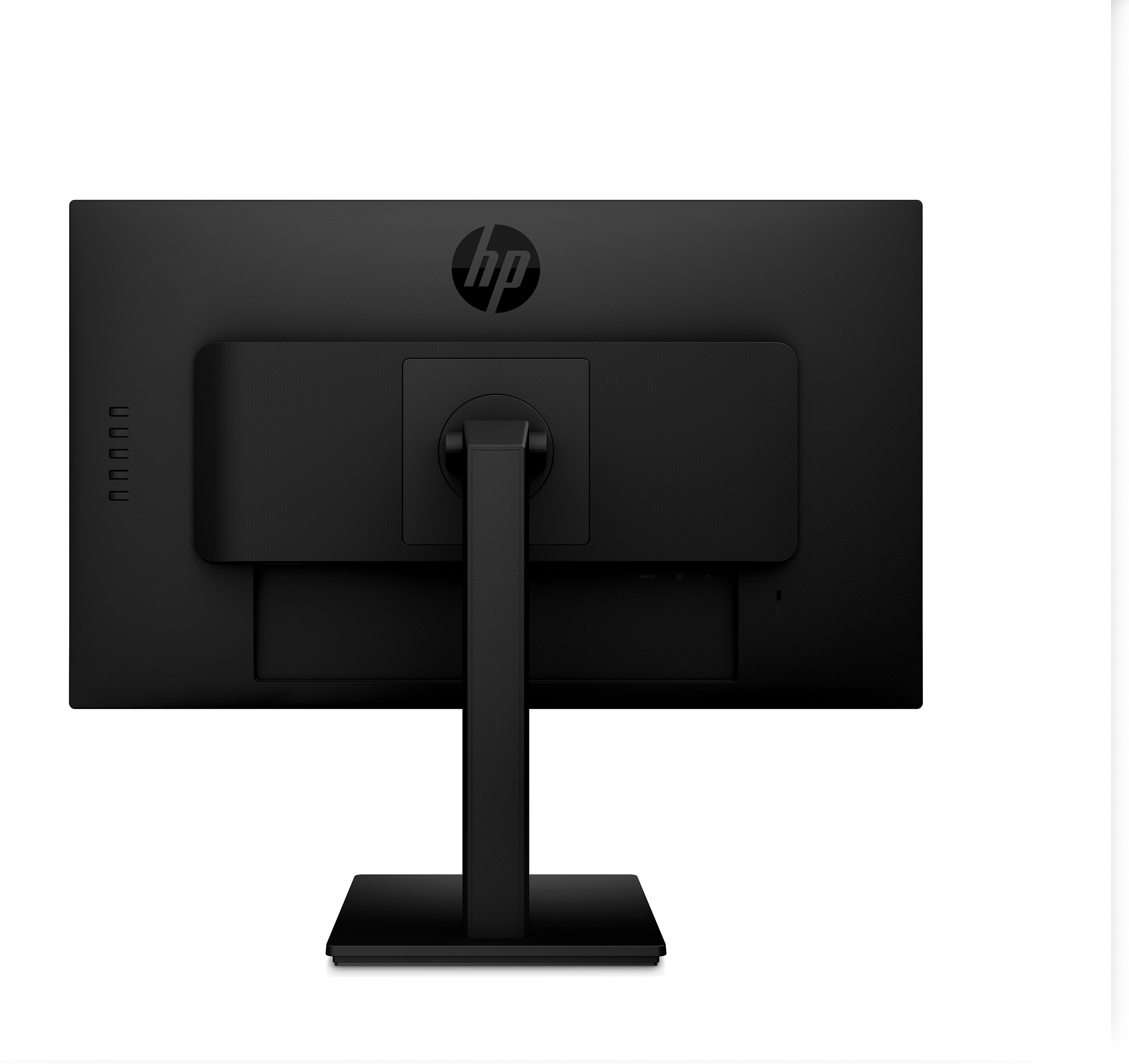 La parte posteriore di un monitor HP nero con supporto. Il logo HP è visibile.