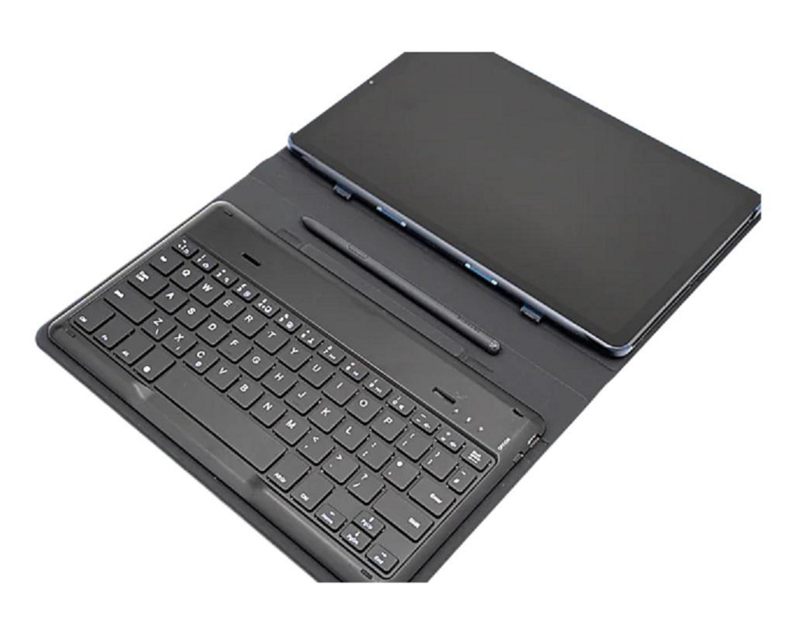 Schwarzes Tablet mit Tastatur und Stift auf schwarzer Oberfläche. Die Tastatur ist voll sichtbar.