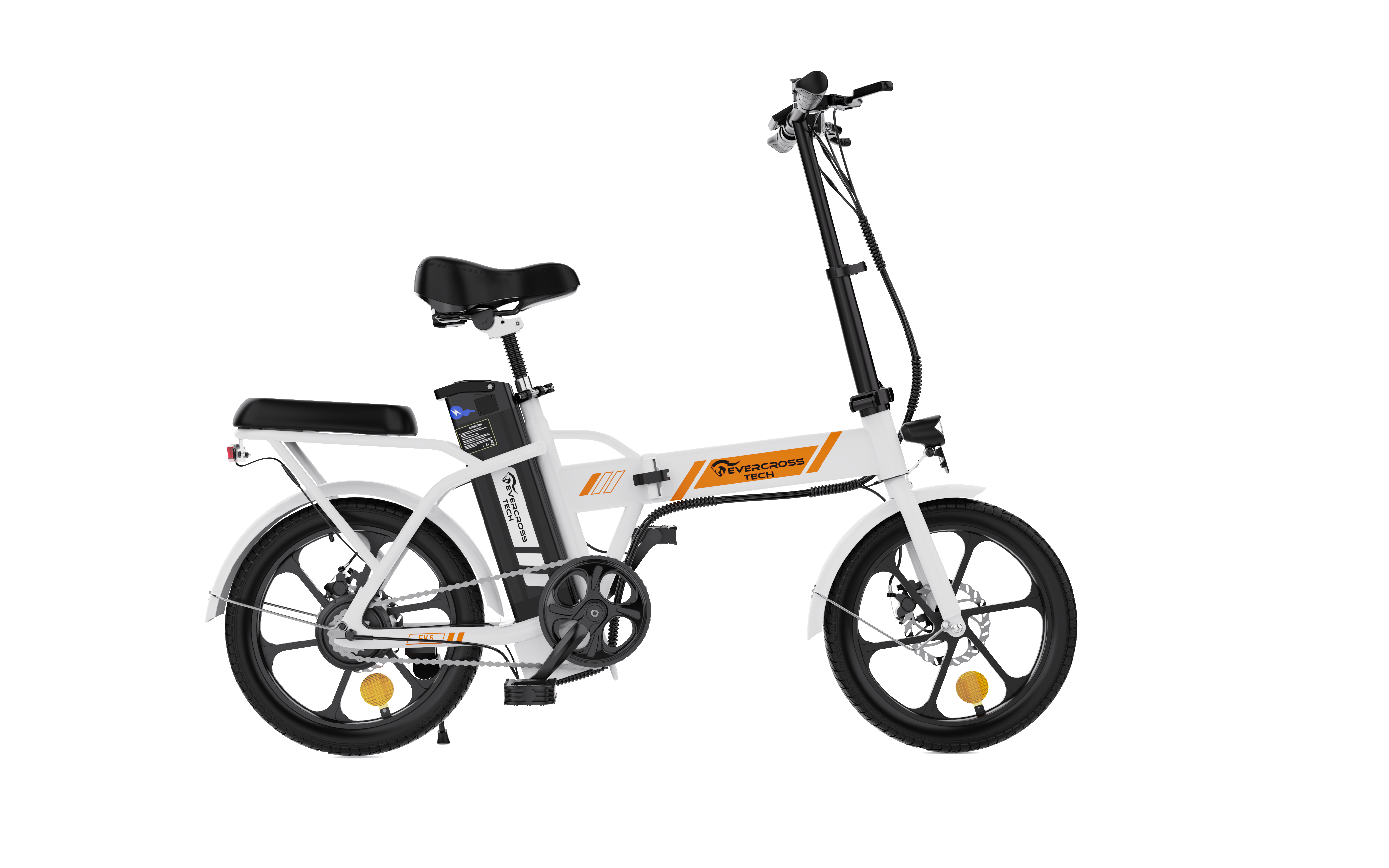 Biały rower elektryczny z pomarańczowymi akcentami.