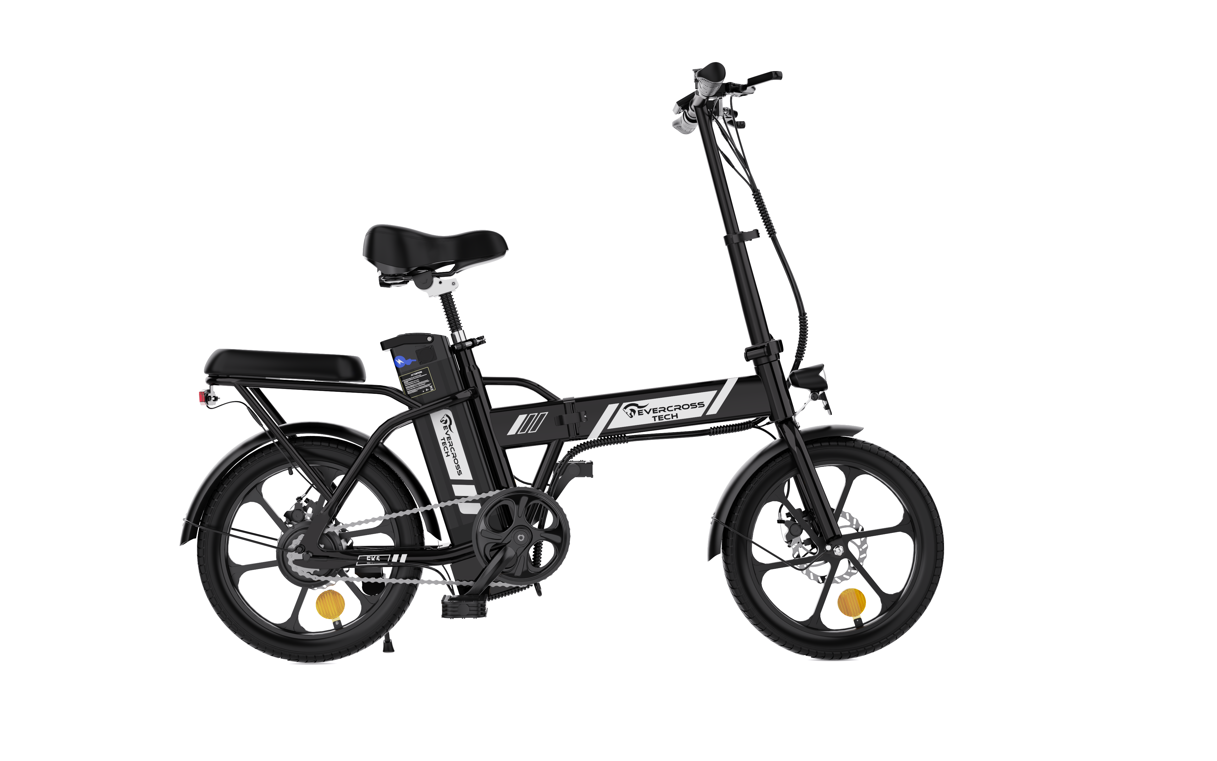 Czarny elektryczny rower składany. Pokazuje ramę, koła, siodełko i akumulator.