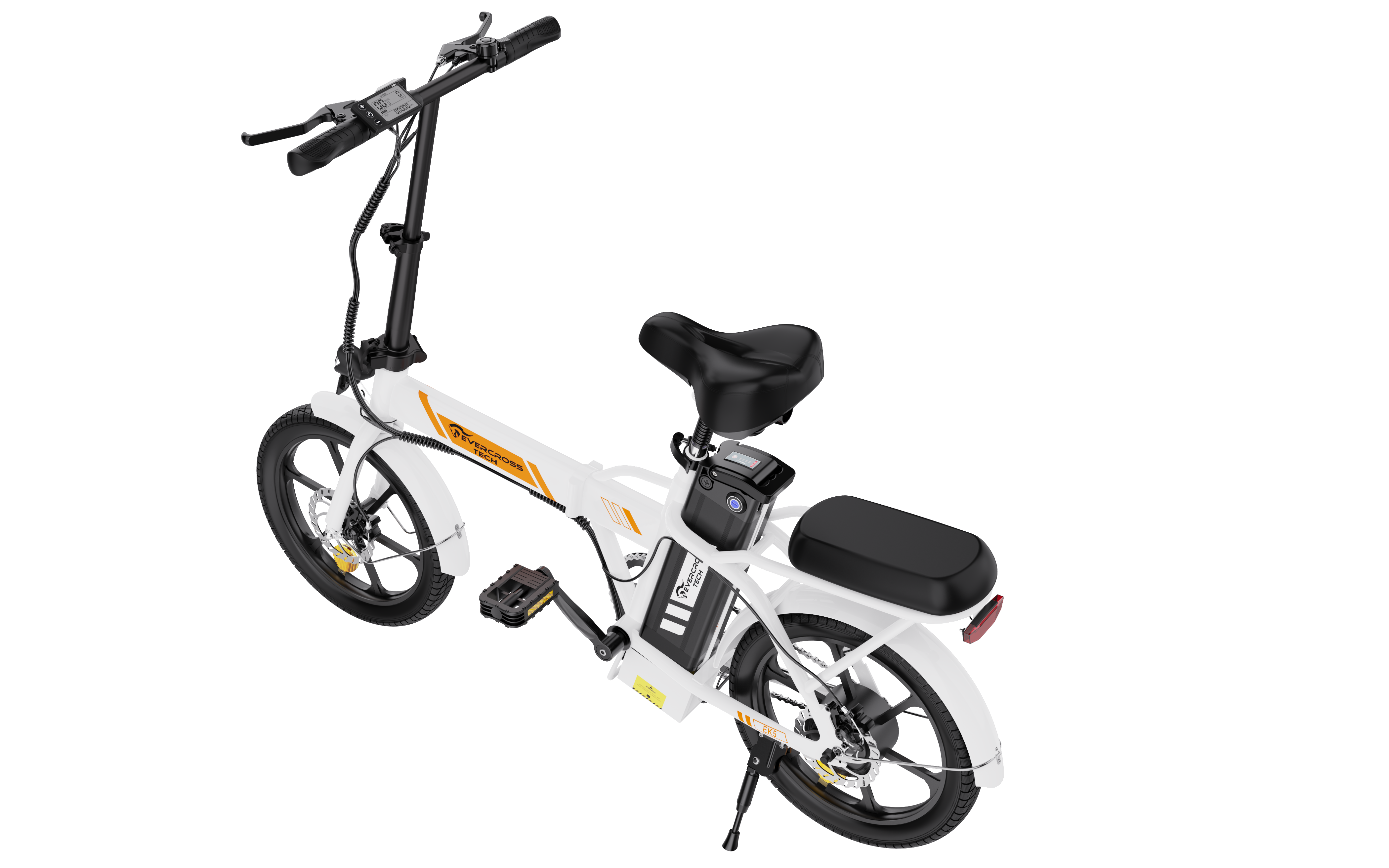 Biały i pomarańczowy rower elektryczny. Czarne siodełko, kierownica i koła. Posiada akumulator.