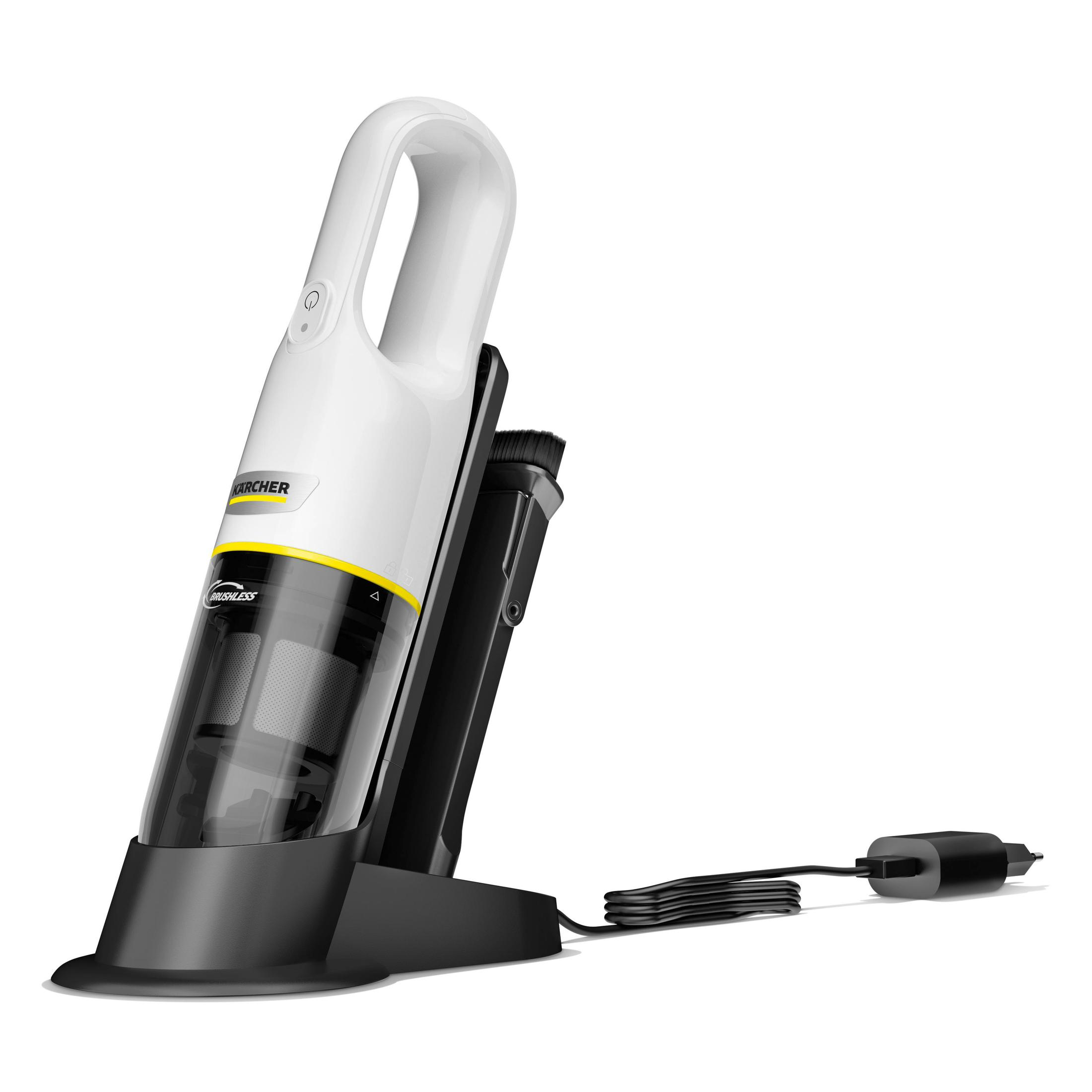 Un aspirateur à main blanc et noir avec une base de chargement et un cordon d'alimentation.