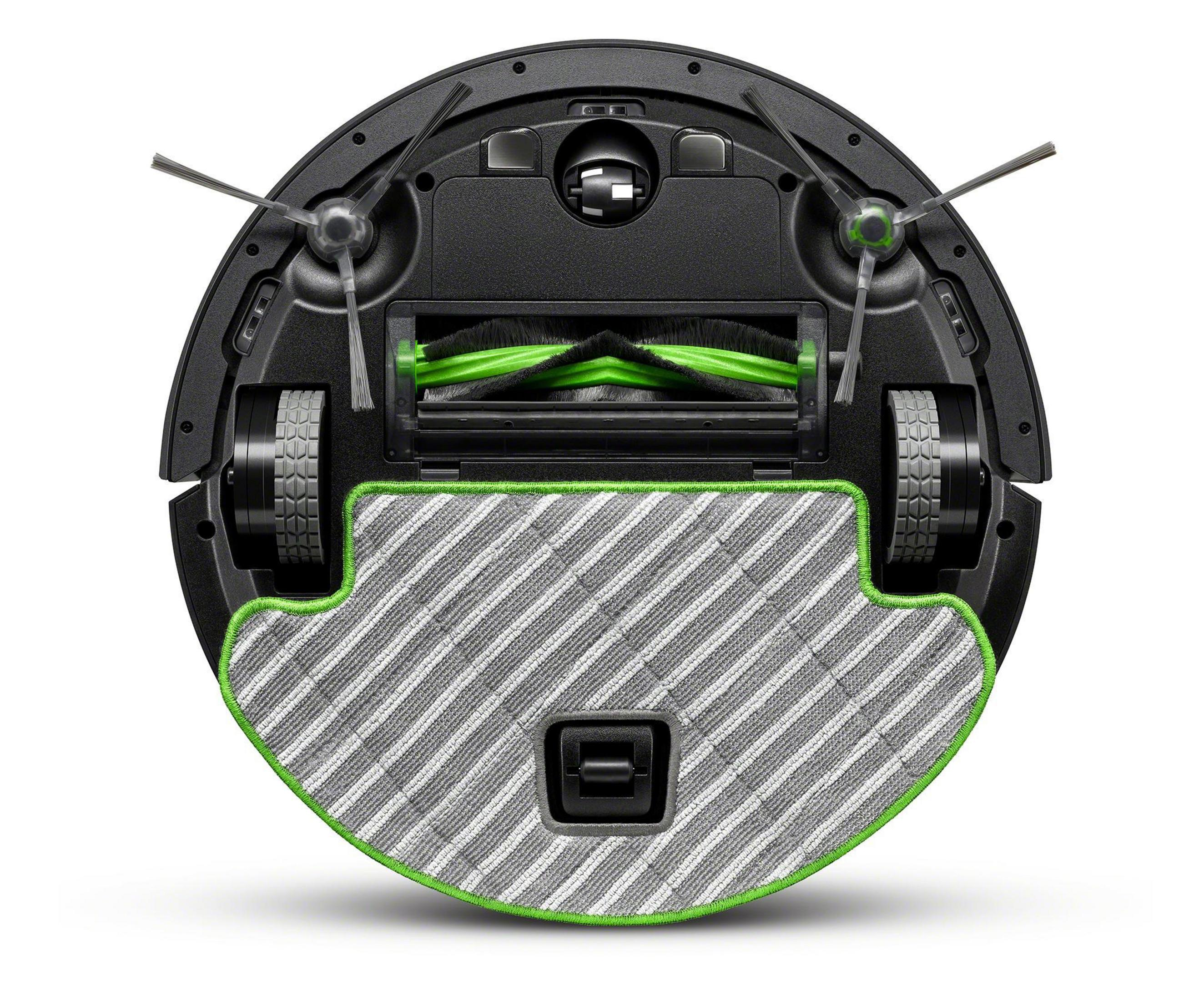 Vista inferior de una aspiradora robot. Se ven dos cepillos, una almohadilla para fregar y dos ruedas. La aspiradora es negra y verde.