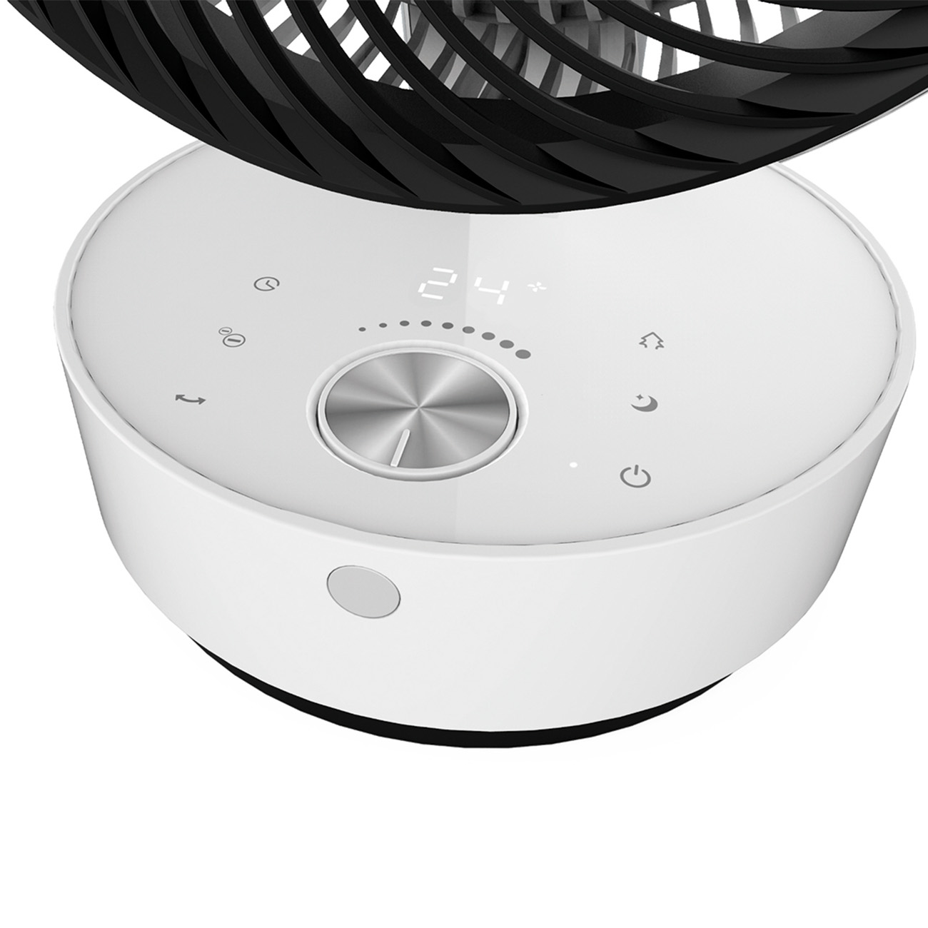 Ventilateur blanc avec affichage numérique, avec boutons de commande. Pales noires en haut.