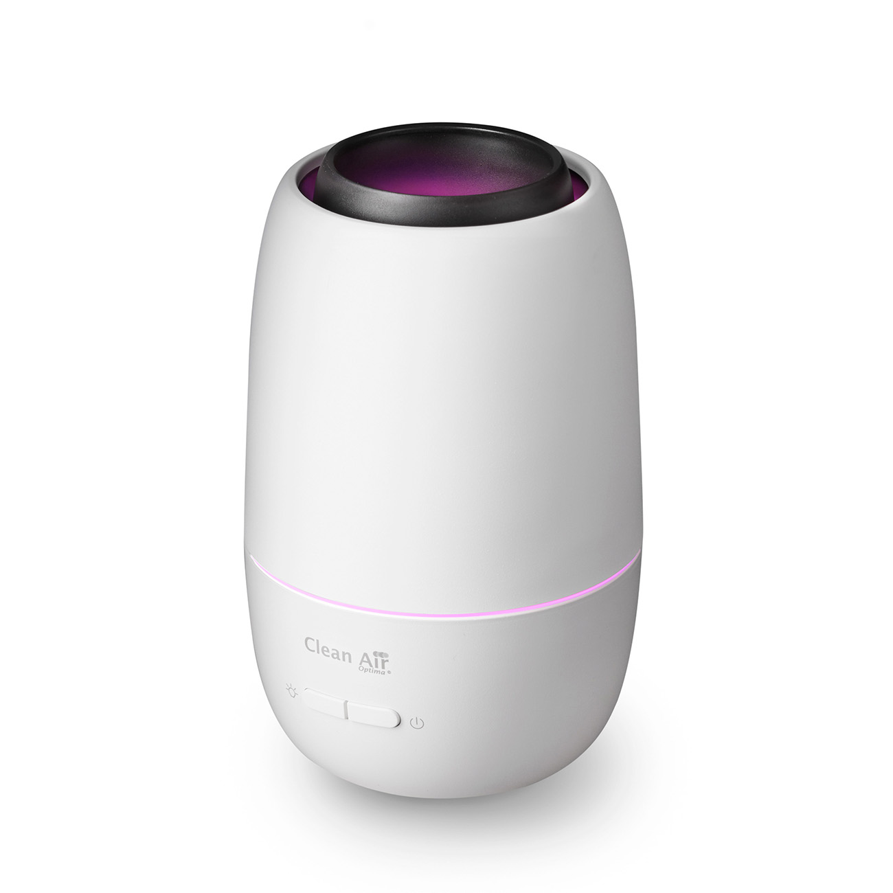 A white air purifier with a black top and a purple glow. It's on a white surface.