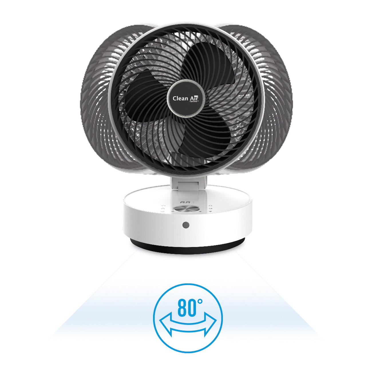 Un ventilateur Clean Air blanc et noir avec des pales oscillantes et une indication d'oscillation à 80 degrés.