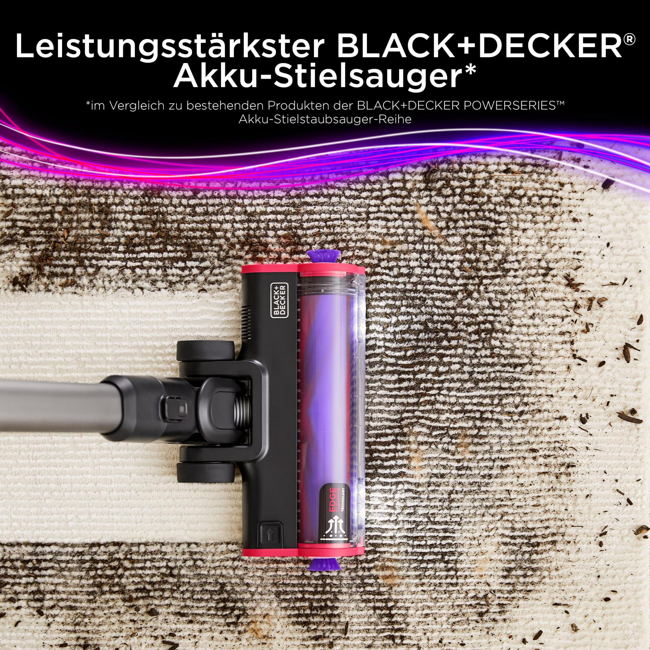 Der Staubsaugerkopf auf einem Teppich mit Text. Der Text lautet: 'Leistungsstärkster BLACK+DECKER'.