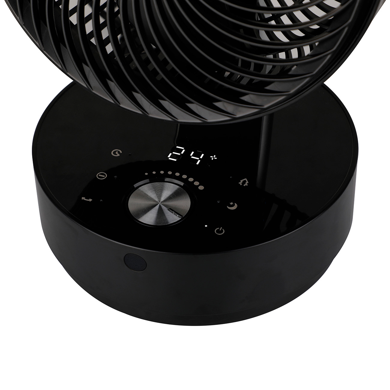 Ventilateur noir avec un affichage numérique indiquant 24 et des boutons de commande sur une base noire.