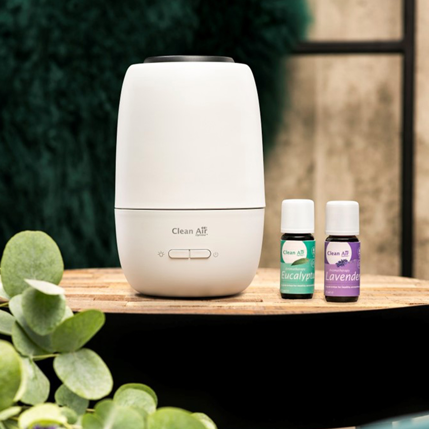 White aroma diffuser, eucalyptus and lavender oil bottles on a wooden surface.