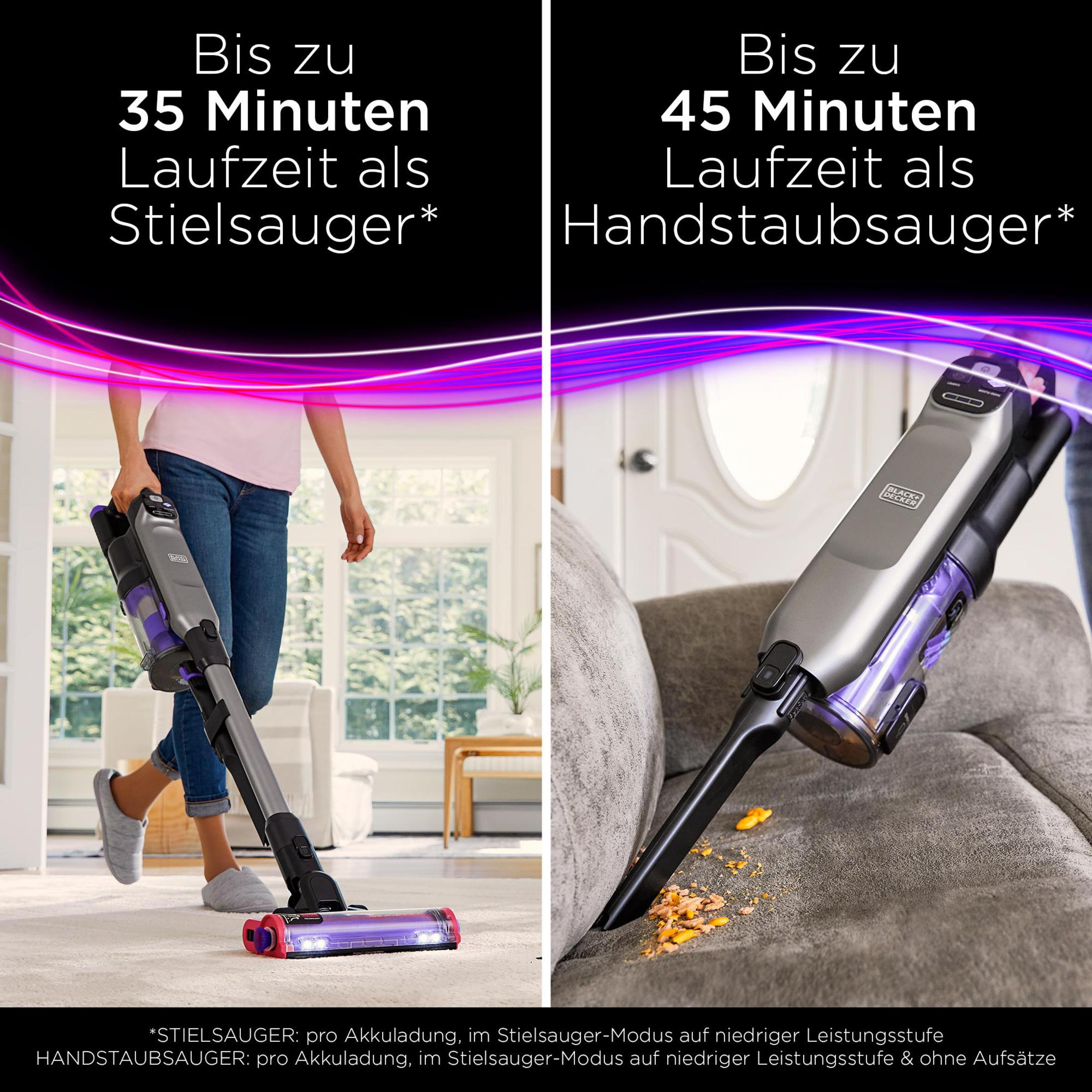 Person verwendet einen kabellosen Staubsauger. Der Text zeigt die Akkulaufzeit des Staubsaugers.