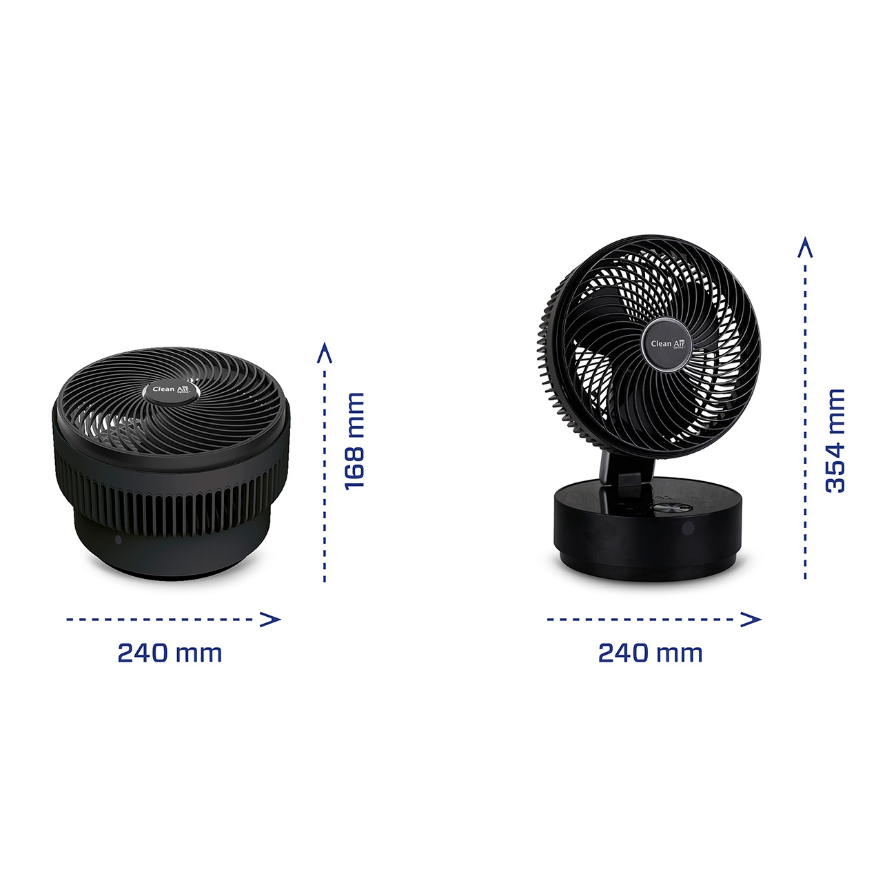 Deux ventilateurs noirs. Un rond, l'autre sur un pied. Fond blanc.