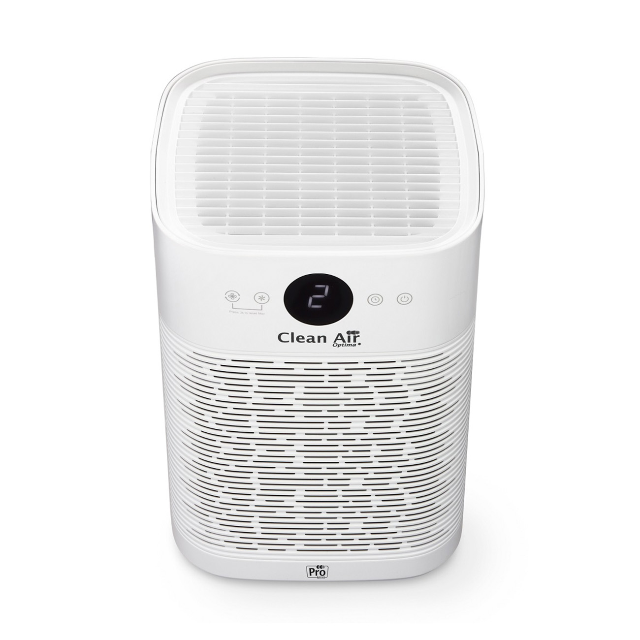 Purificatore d'aria bianco con display digitale che mostra '2'. Logo Clean Air System.