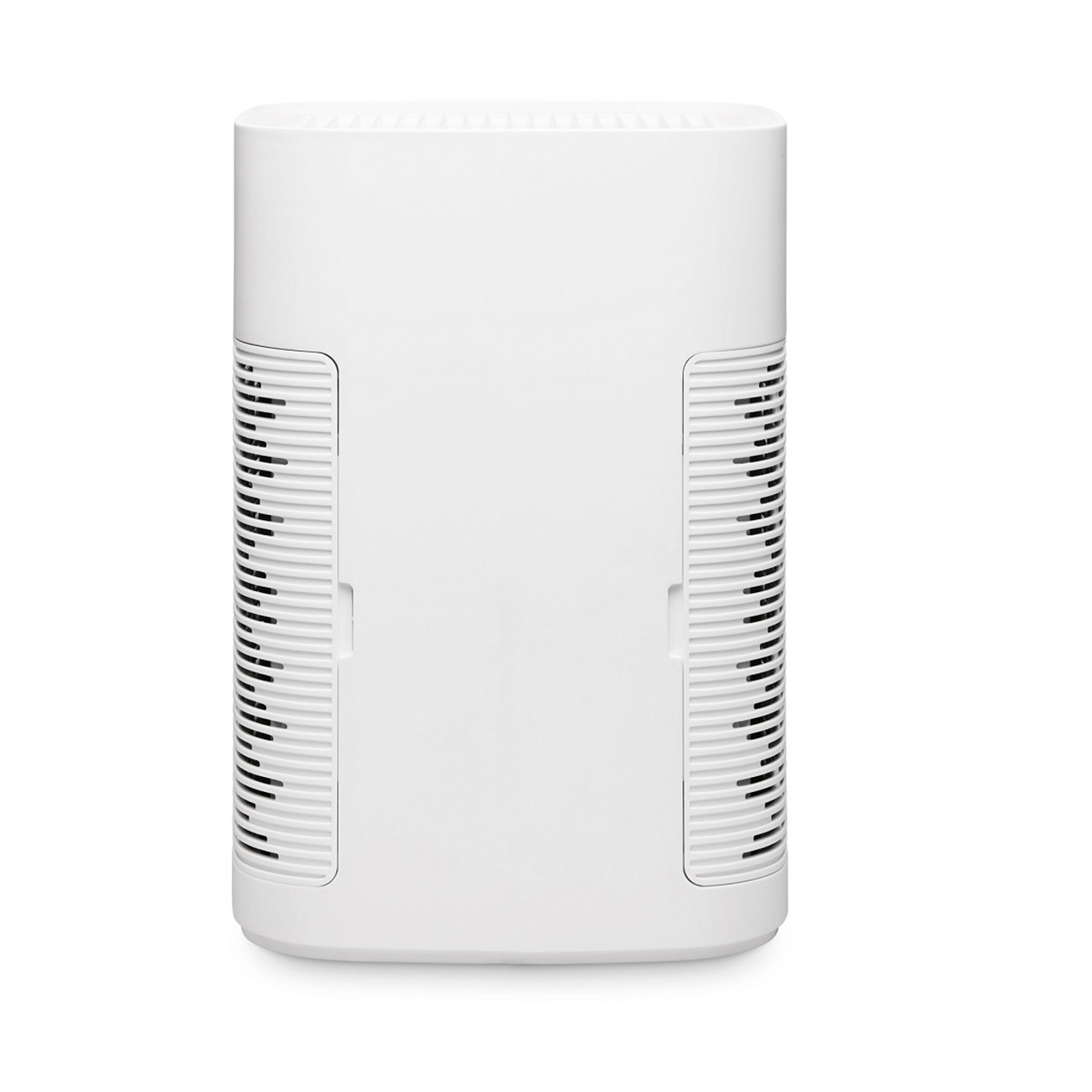 Purificatore d'aria bianco con prese d'aria, forma rettangolare, sfondo bianco.