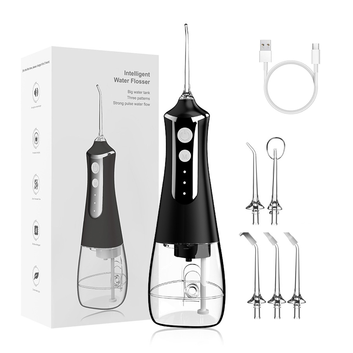 Wasserflosser mit Zubehör, einer Box und einem Ladekabel. Schwarz und weiß. Weißer Hintergrund.