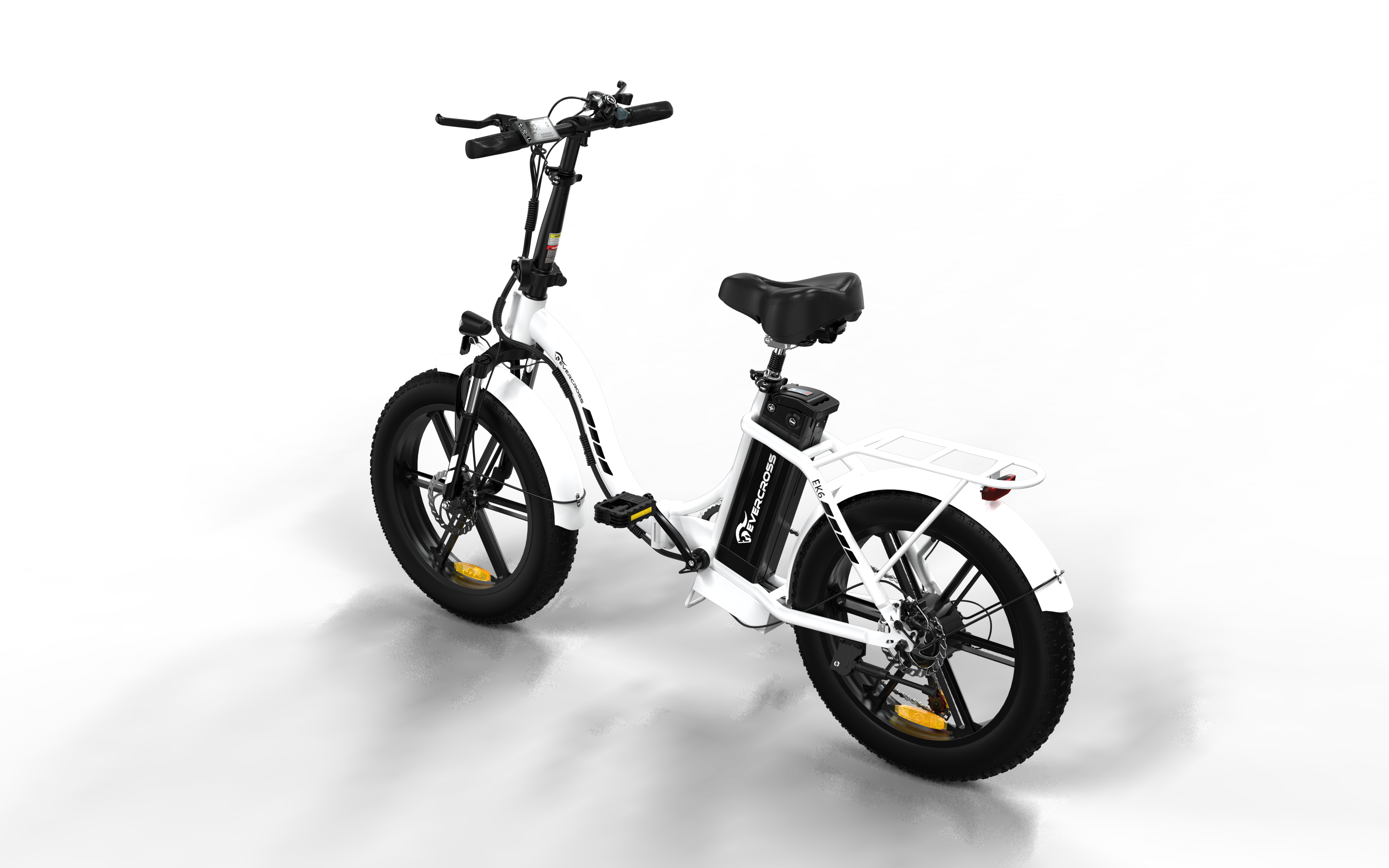 Bicicletta elettrica bianca e nera su sfondo nero. Vista posteriore, con ruote e seduta nere.