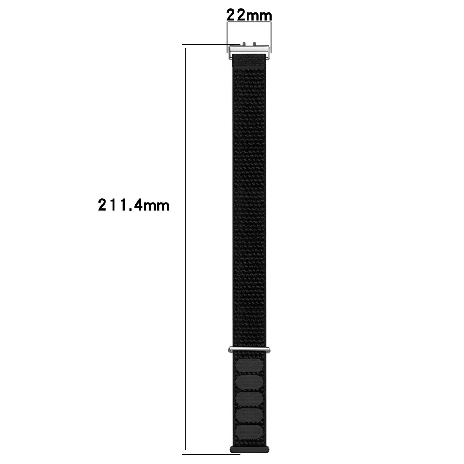Schwarzes Uhrenarmband mit Maßen. Es ist 211,4 mm lang und an der Schnalle 22 mm breit.