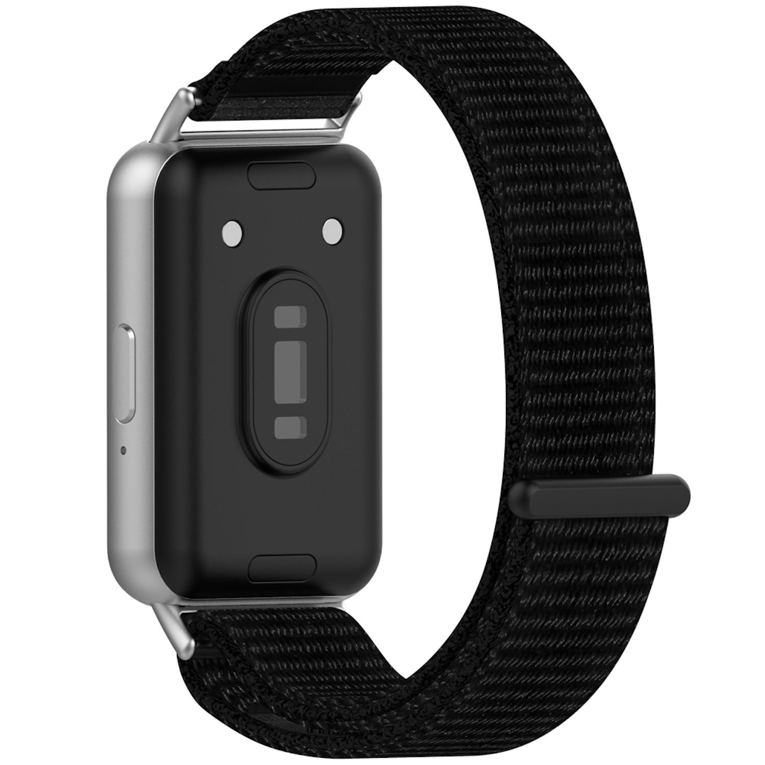 Eine schwarze Smartwatch mit schwarzem Armband. Die Uhr hat einen silberfarbenen Rahmen.