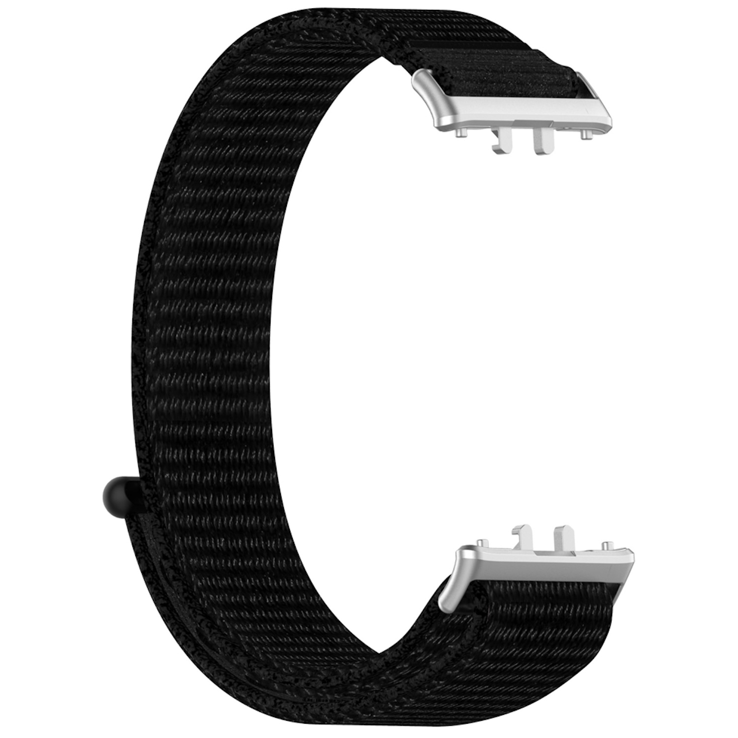 Schwarzes Uhrenarmband. Zeigt den Teil, der mit der Uhr verbunden ist. Weißer Hintergrund.