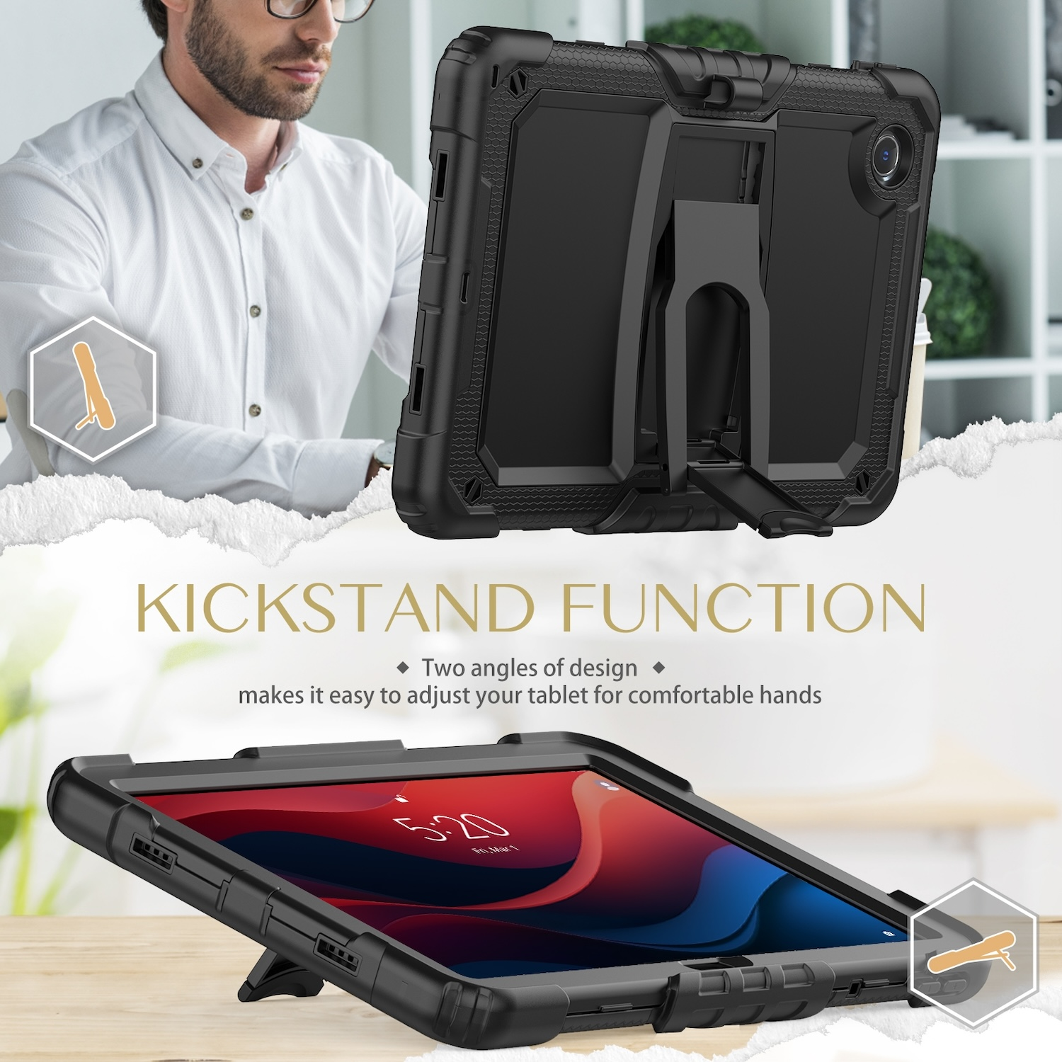 Tablet in einem schwarzen, robusten Gehäuse mit Ständer, vor einem Mann. Text: KICKSTAND FUNCTION.