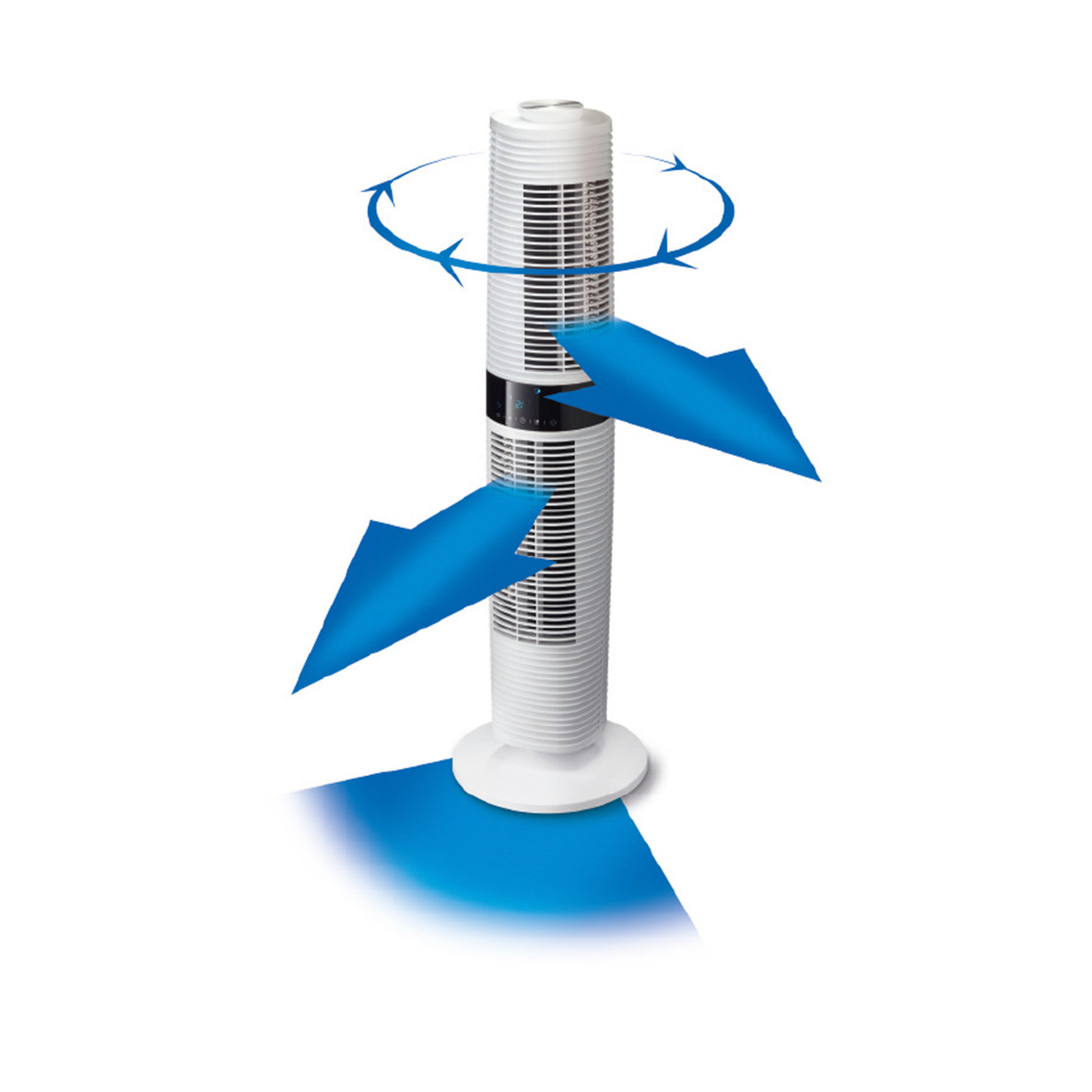 Ventilateur tour blanc avec des flèches bleues indiquant le flux d'air et la rotation.