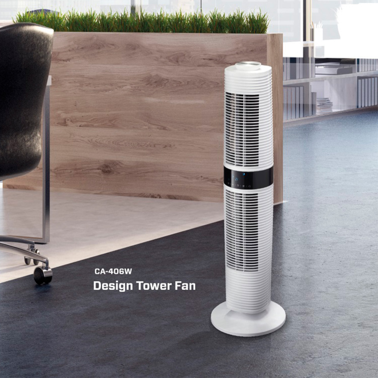 Un ventilateur tour blanc est posé sur un sol gris, avec une chaise noire et un mur en bois en arrière-plan.