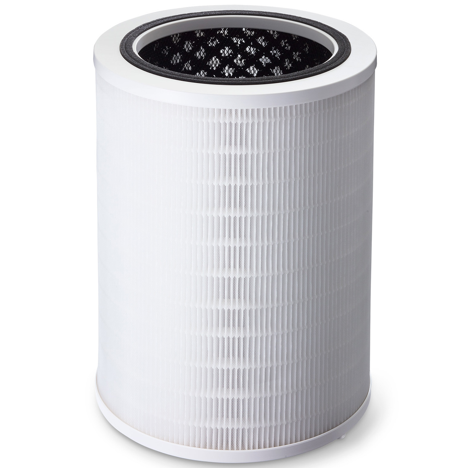 White air purifier filter, cylindrical shape with a black mesh top. It has a ridged design for air filtration.