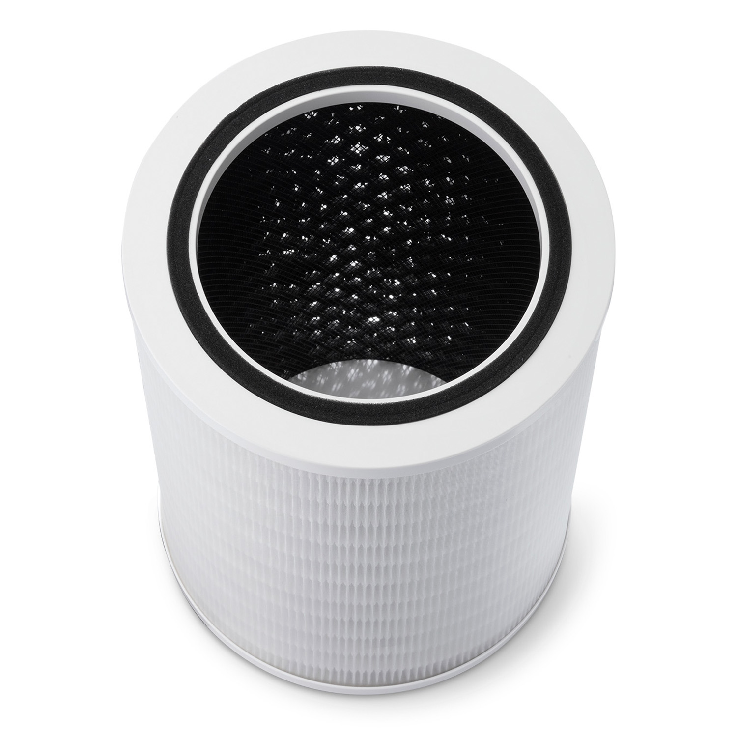 White air filter. Cylindrical shape, top view shows black mesh. White background.