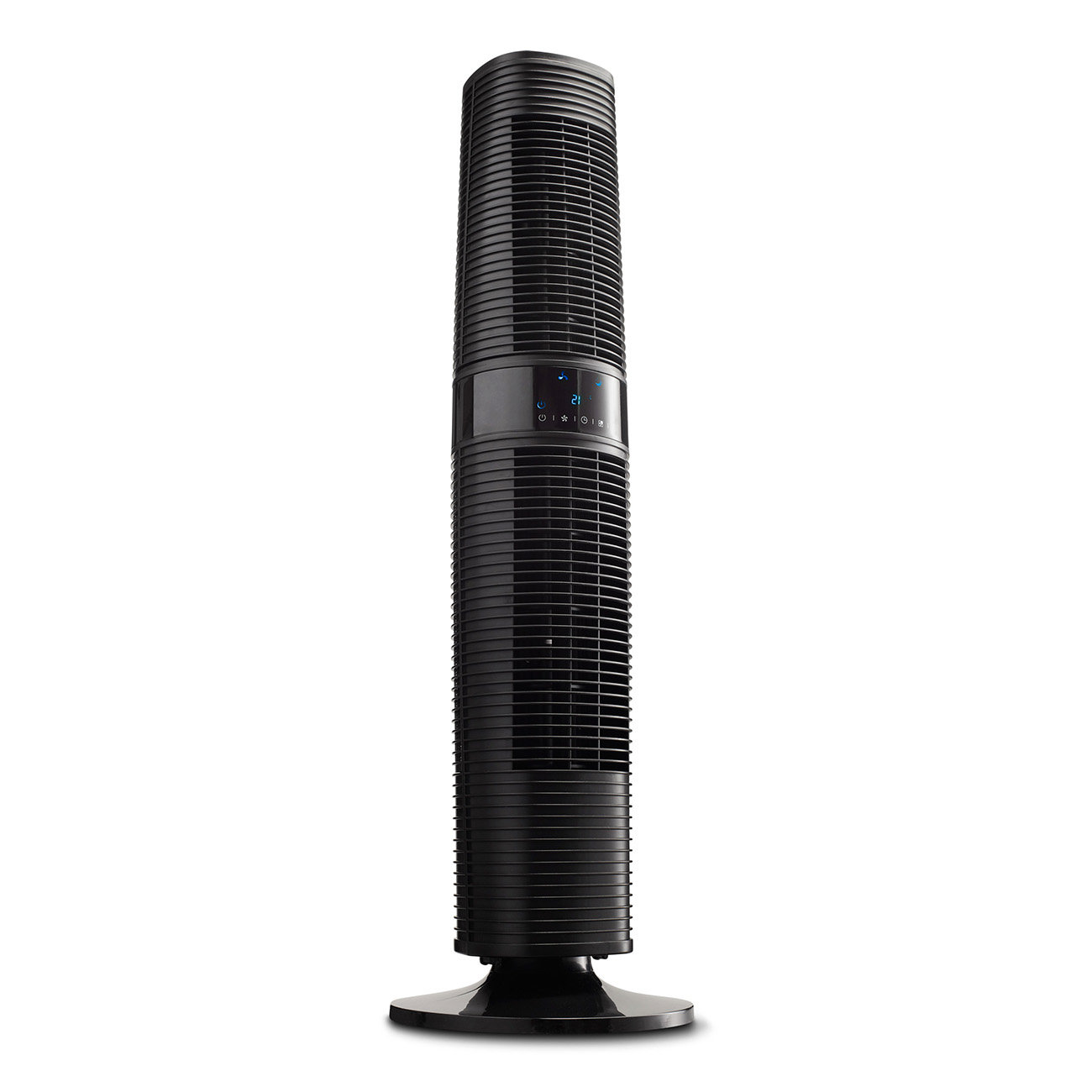 Hoher schwarzer Turmventilator auf weißem Hintergrund. Bedienelemente sind sichtbar.