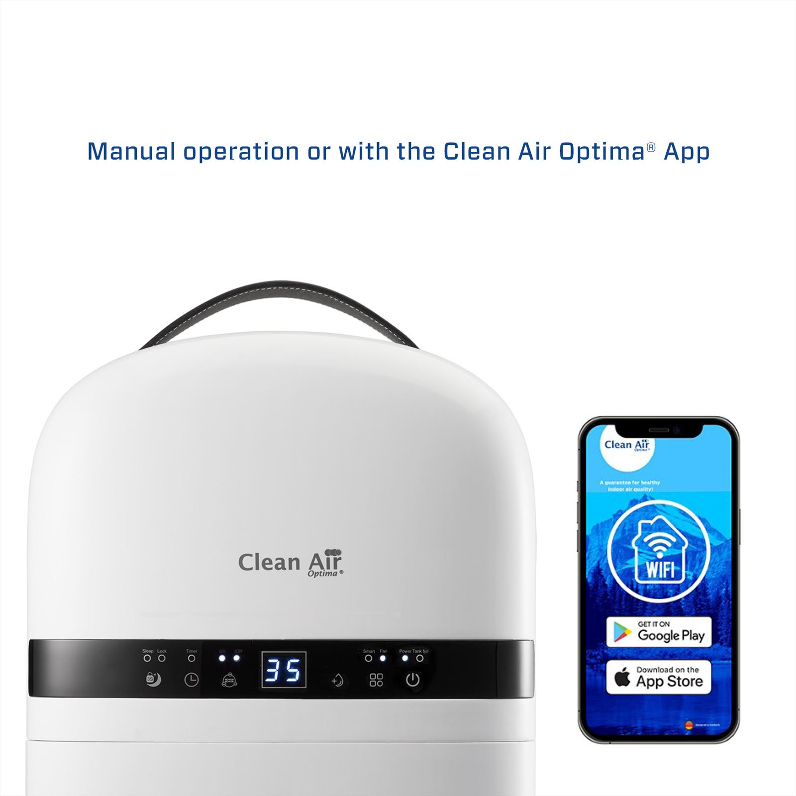 Een witte luchtreiniger met een digitaal display en een smartphone met de app interface.
